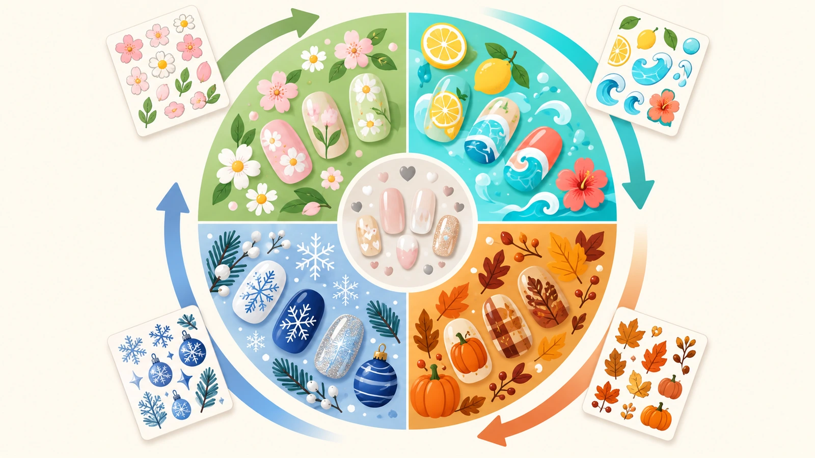 Calendario estacional circular dividido en 4 cuadrantes codificados por color con flores de primavera, fruta de verano, hojas de otoño y motivos de copos de nieve de invierno, con flechas que muestran el arte final planificado un cuadrante antes de cada lanzamiento