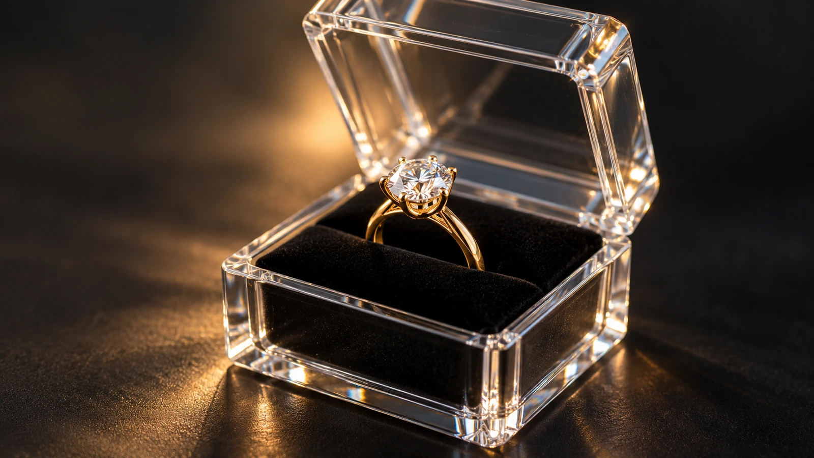 Primer plano de un anillo sujeto en vertical por un inserto ranurado dentro de una caja transparente pequeña, con luz suave atravesando las paredes transparentes