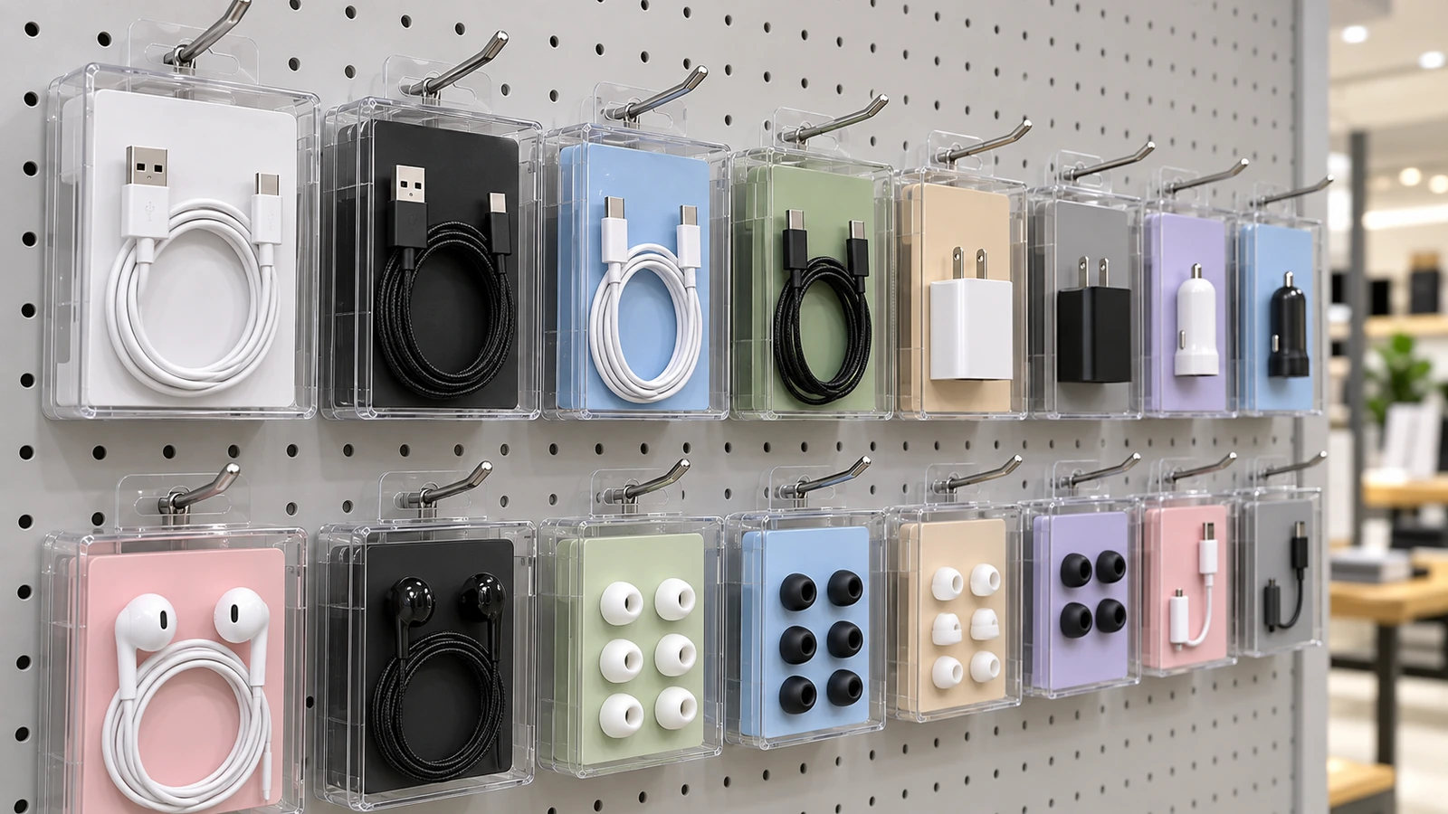Fila de cajas transparentes pequeñas con cables enrollados y adaptadores colgadas de ganchos en una tienda, con los conectores visibles a través de las paredes