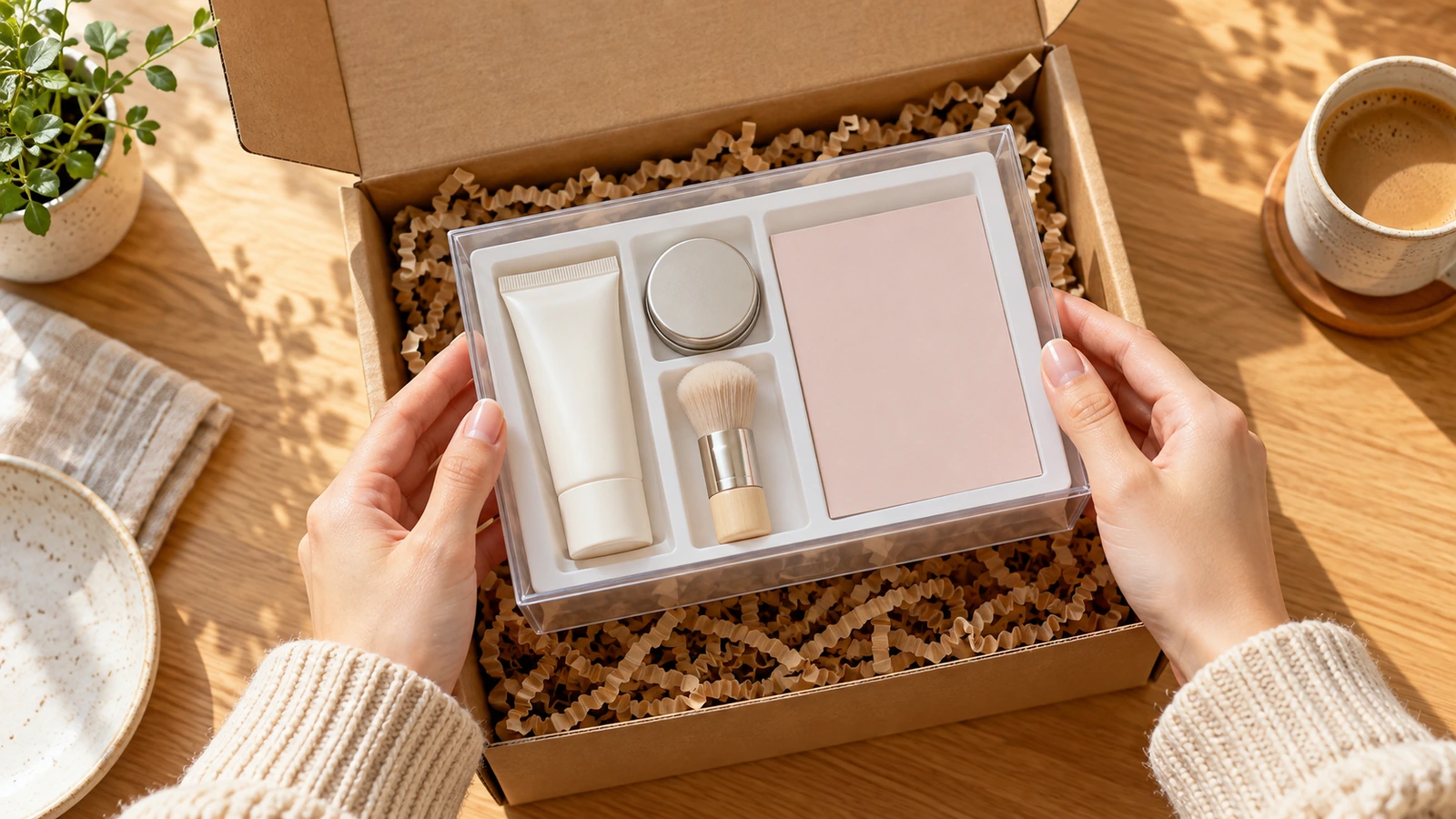 Manos que sacan de un paquete de envío de papel kraft una caja transparente pequeña con un kit promocional bien compartimentado, vista desde arriba