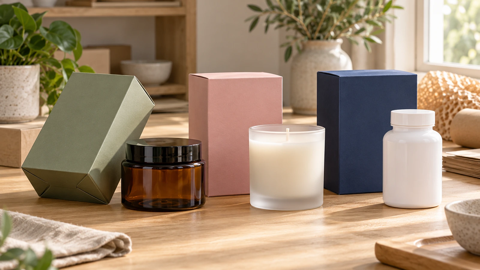 Cajas impresas con fondo de cierre junto a un tarro de vidrio, un recipiente de vela y un frasco de suplementos, como ejemplo de productos adecuados para una base de encaje