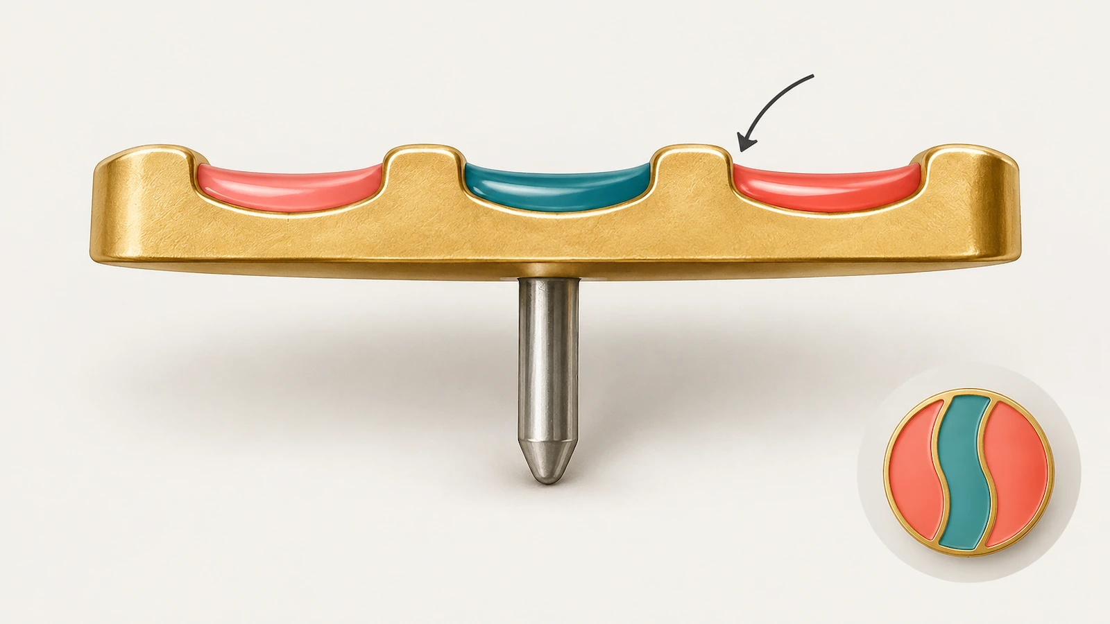 Ilustración en corte transversal de un pin de esmalte blando que muestra esmalte de color por debajo de crestas de metal en relieve sobre una base chapada