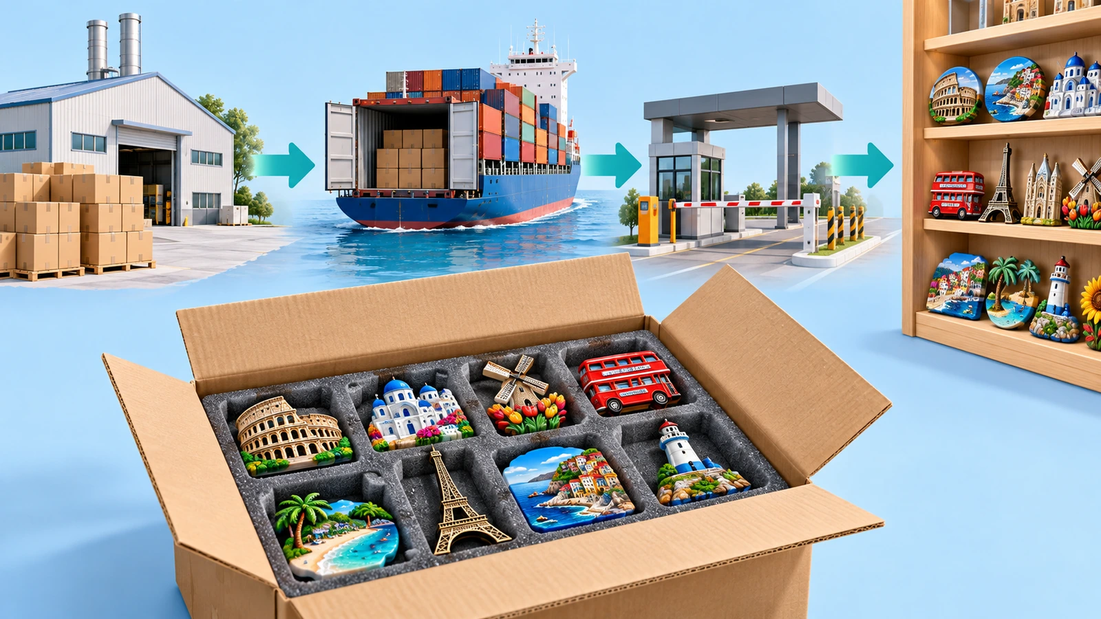 Cajas embaladas de imanes de recuerdo que van de la fábrica al contenedor de carga y a la estantería de venta, con flechas direccionales