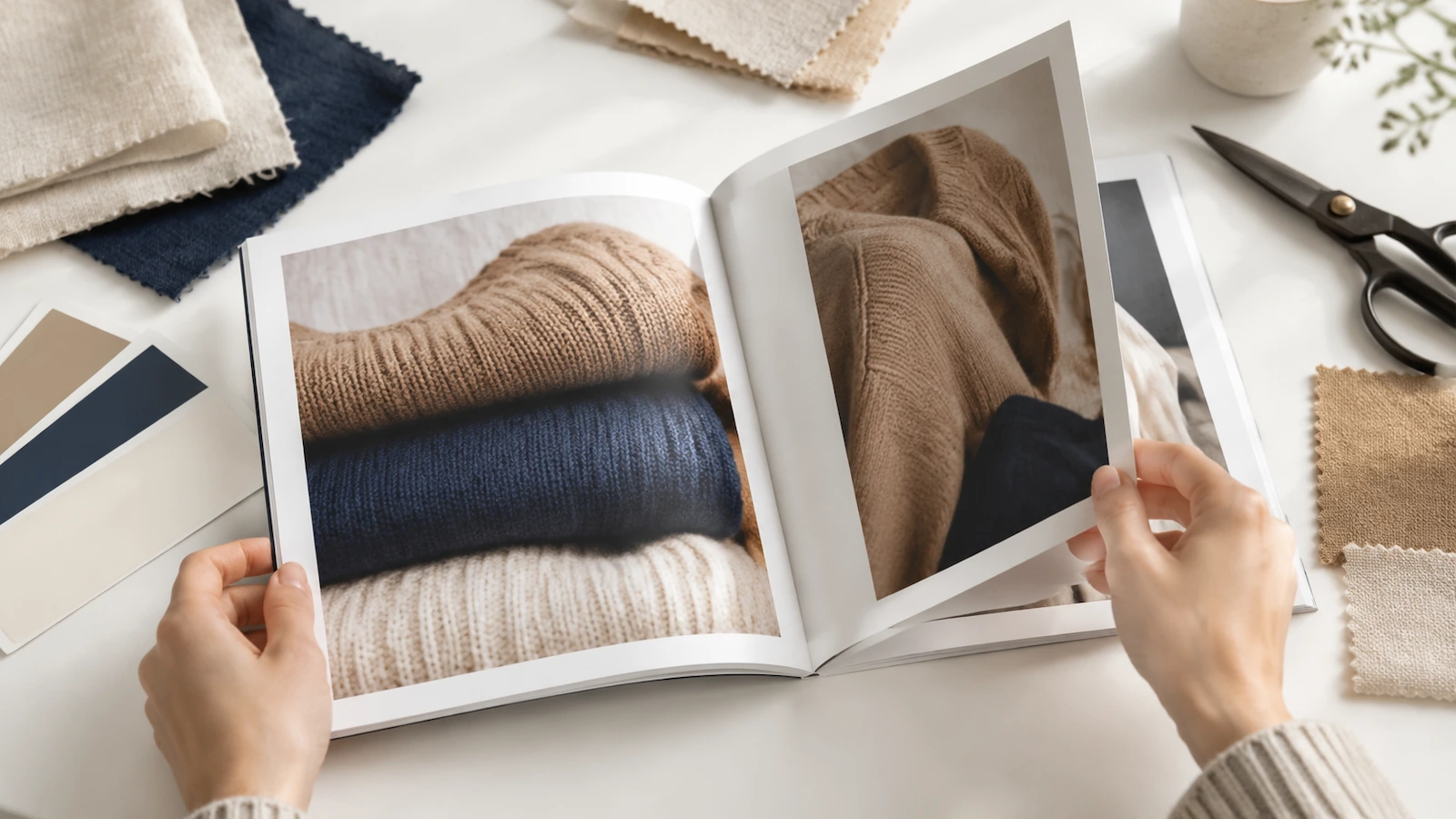Manos pasando las páginas de un lookbook de moda cuadrado sobre una mesa con muestras de tela y cartas de color