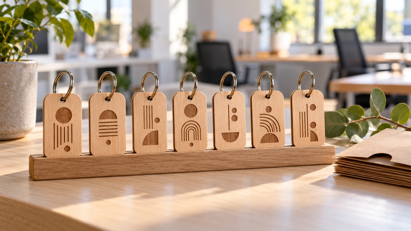 Hilera de llaveros de madera iguales de reconocimiento al personal, cada uno grabado con un motivo abstracto distinto, que representan la personalización con nombre individual