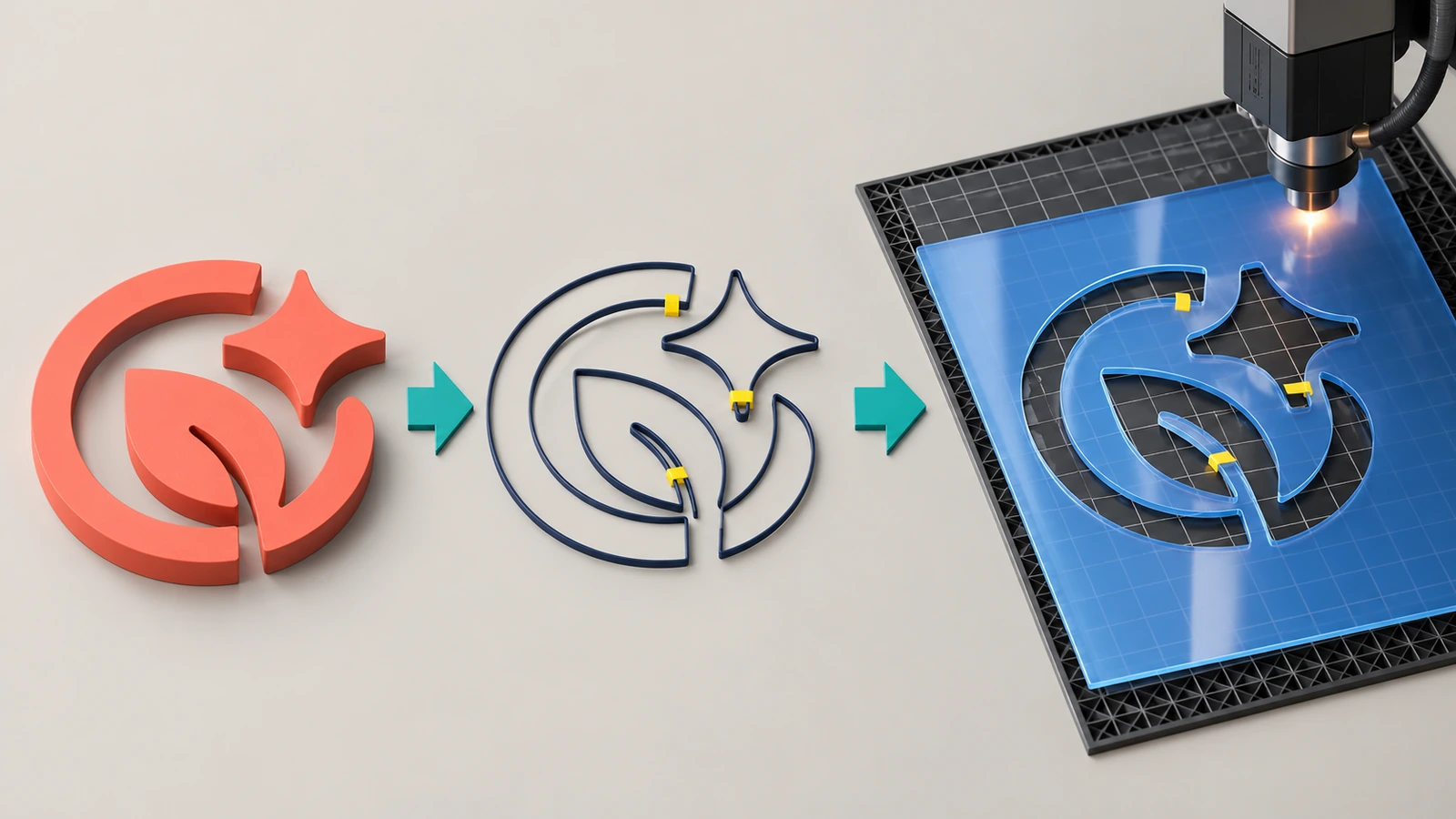 Flujo de trabajo desde la forma abstracta de un logotipo hasta un contorno vectorial con conectores de puente resaltados y una hoja de plantilla cortada translúcida ya terminada
