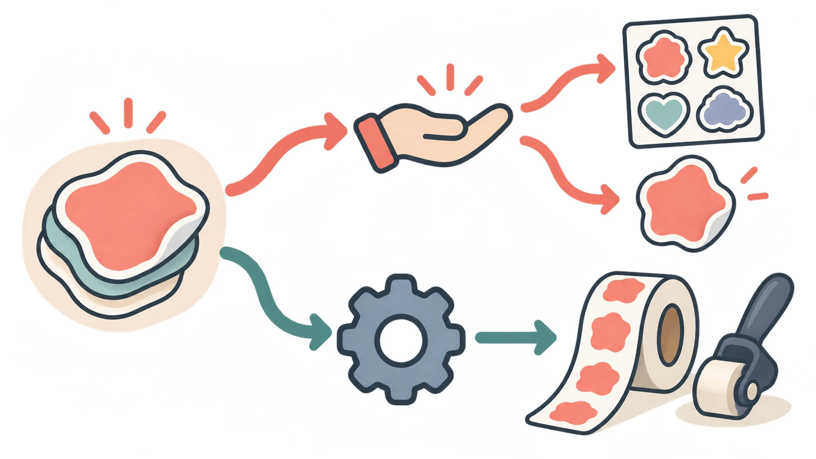 Diagrama de flujo de decisión que muestra una vía de aplicación manual que se divide en hojas o pegatinas individuales y una vía de aplicación a máquina que conduce a los rollos