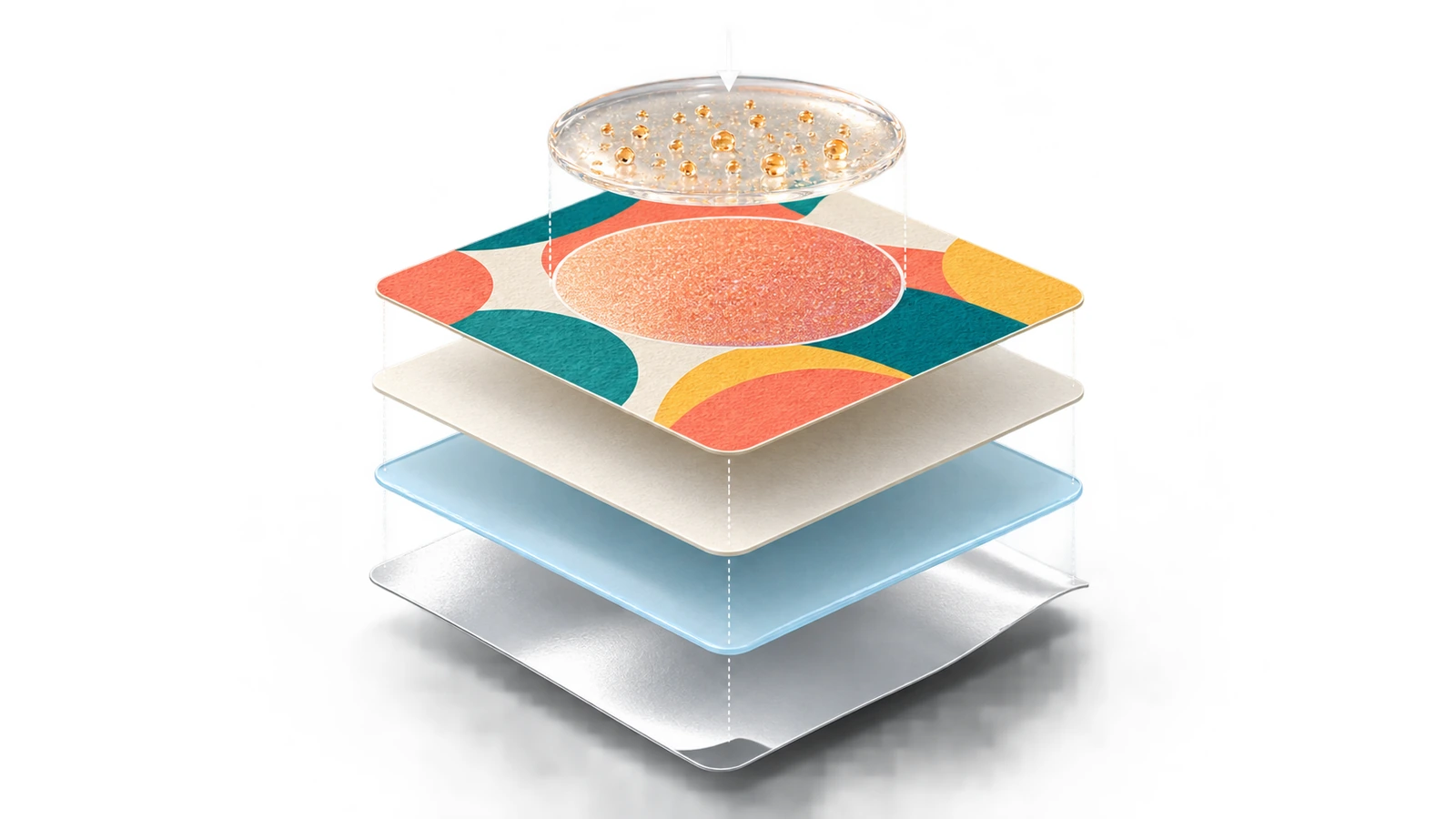 Diagrama de capas desplegadas de una pegatina aromática que muestra el soporte antiadherente, el adhesivo, el papel frontal, el arte final impreso y un recubrimiento aromático transparente independiente limitado a una zona circular