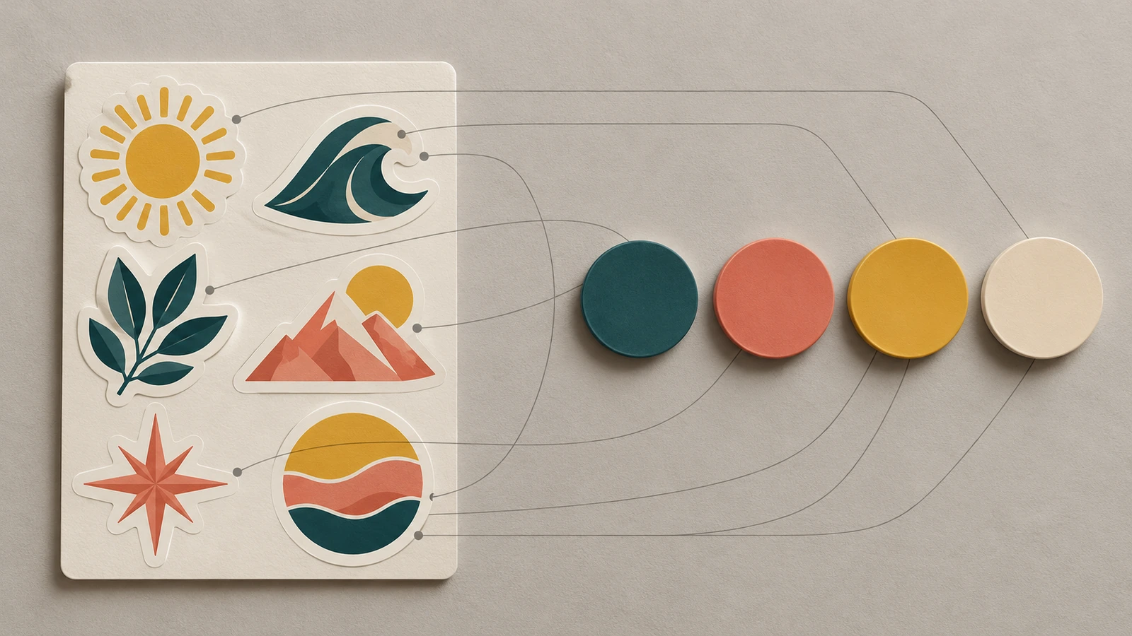 Un conjunto de pegatinas de corte parcial en colores coordinados junto a muestras de color redondas a juego, que muestra una paleta compartida