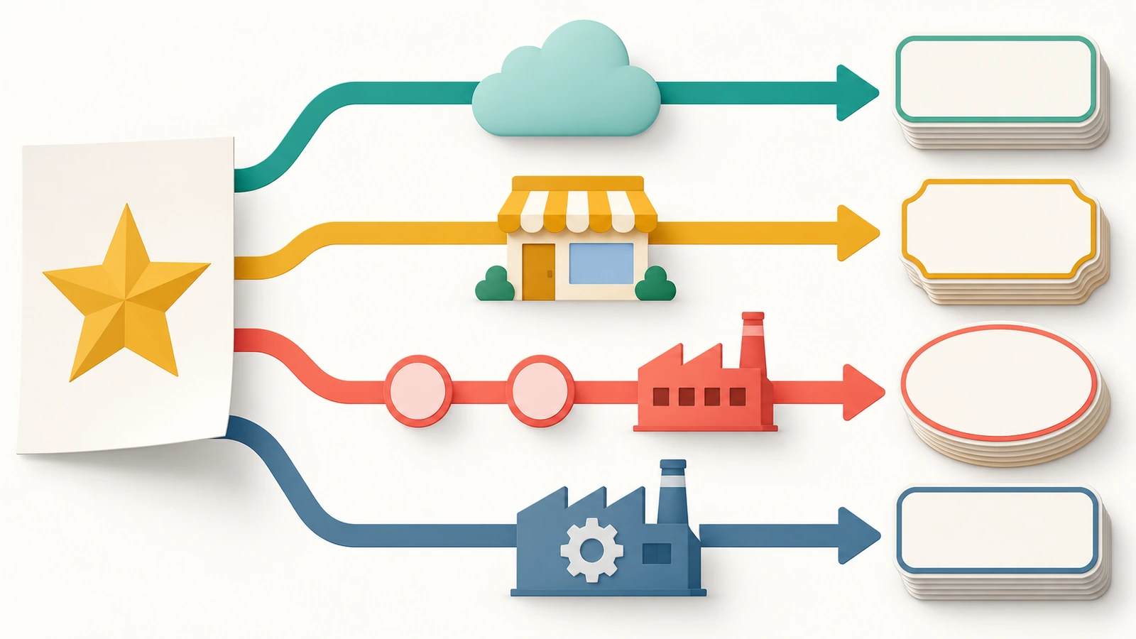 Diagrama de cuatro vías de abastecimiento desde el arte final de una marca hasta las pegatinas terminadas: tienda en línea, imprenta local, agente comercial y fabricante directo, con el número de traspasos indicado mediante flechas