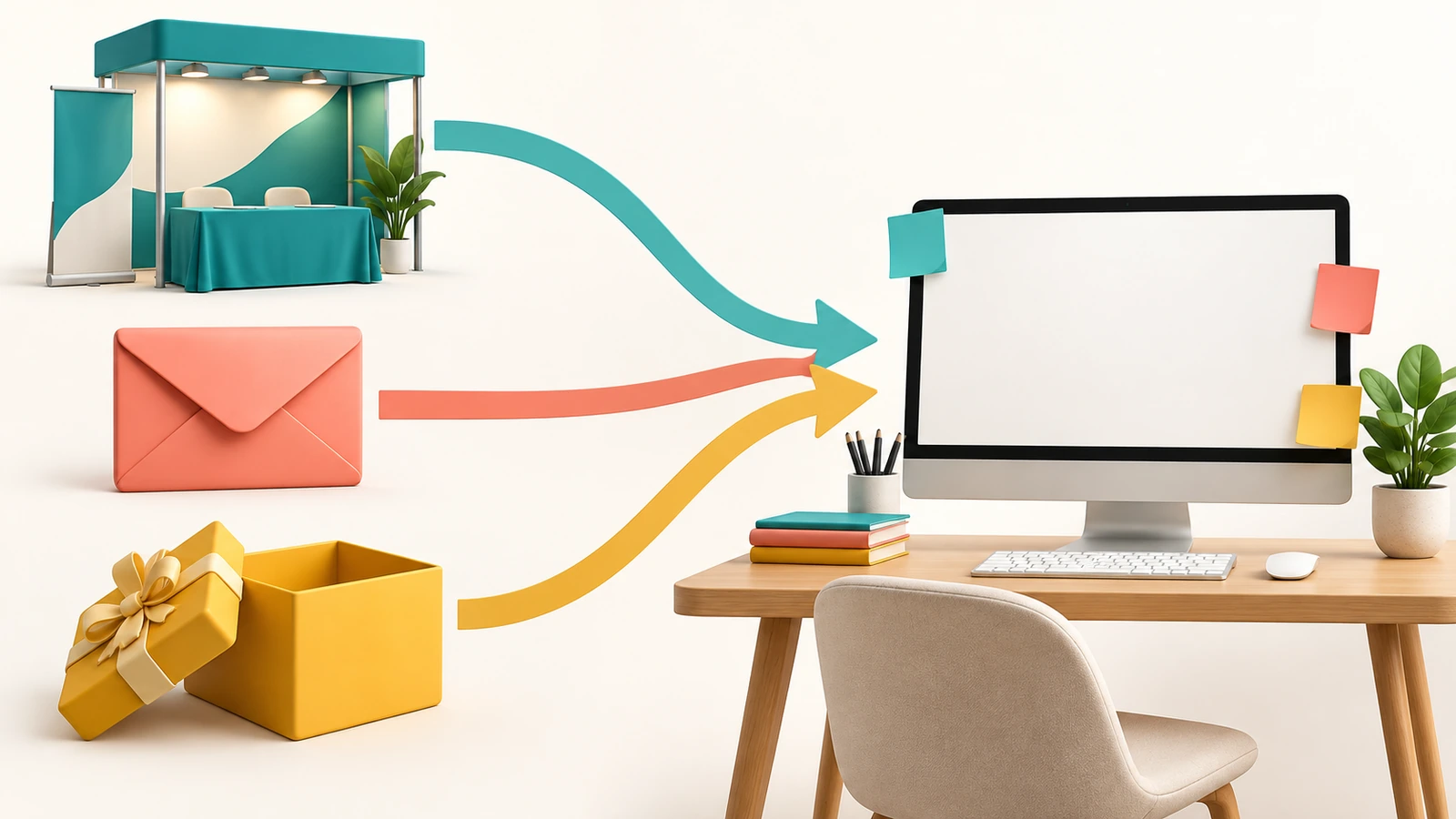 Diagrama que muestra tres caminos de las notas adhesivas promocionales: un stand de feria comercial, un sobre enviado por correo y una caja de bienvenida, cada uno con flechas hacia un escritorio de oficina donde hay hojas de colores pegadas a un monitor