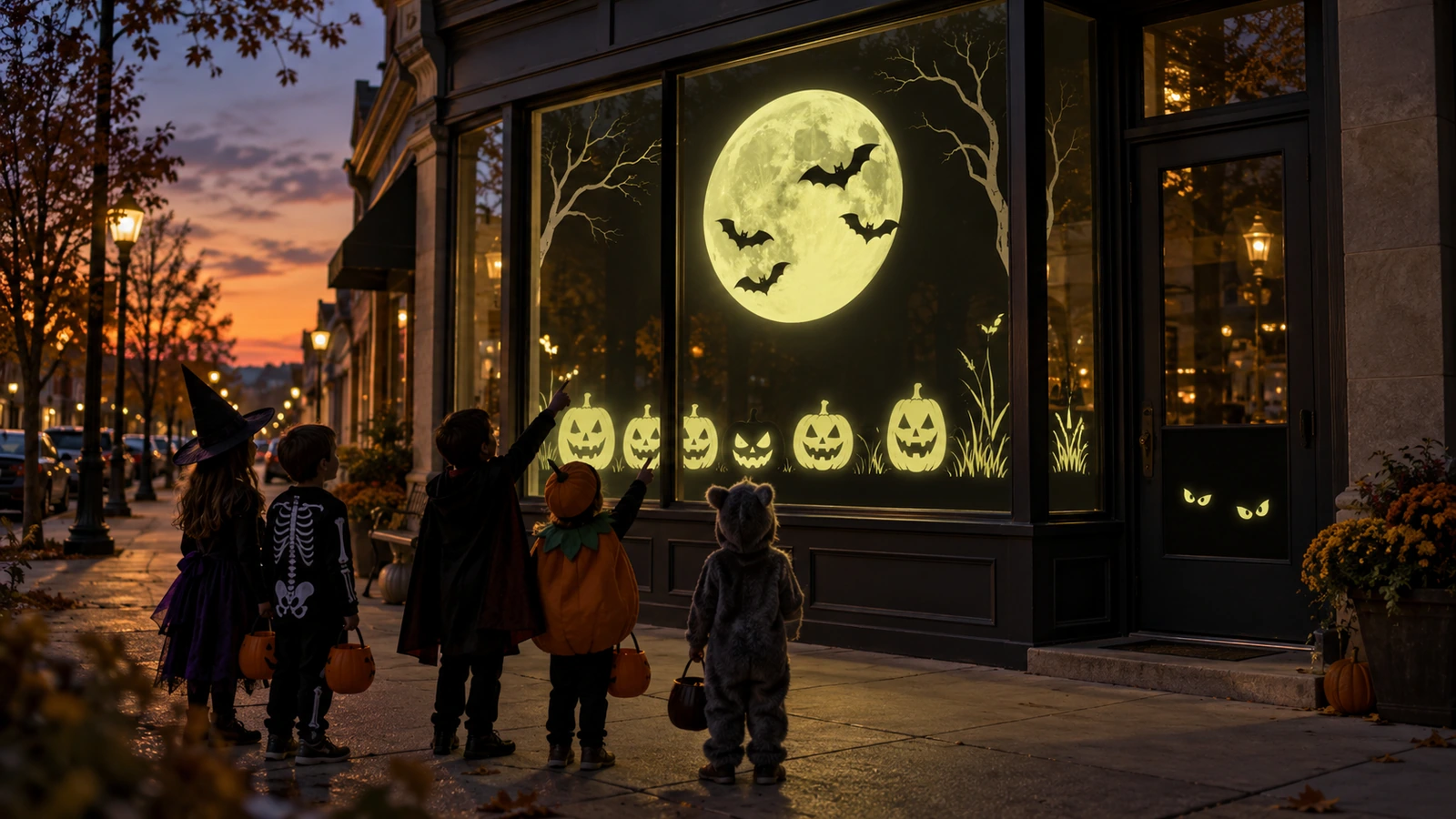 Escaparate al anochecer con vinilos para ventanas que brillan en la oscuridad —una luna, murciélagos y caras de calabaza tallada— sobre siluetas de niños que piden caramelos