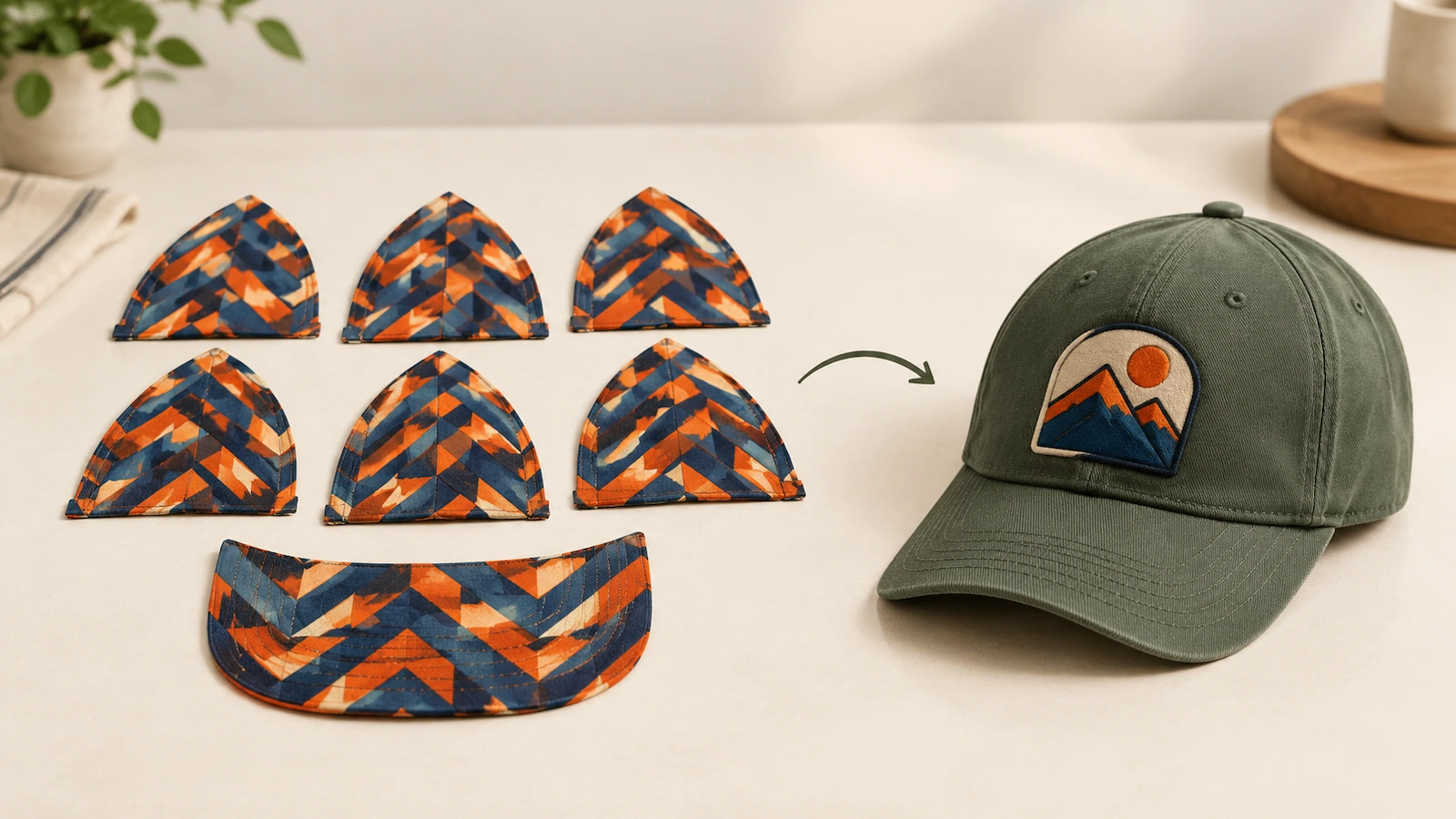 Paneles planos de gorra de poliéster impresos antes del montaje junto a una gorra terminada con un parche sublimado cosido