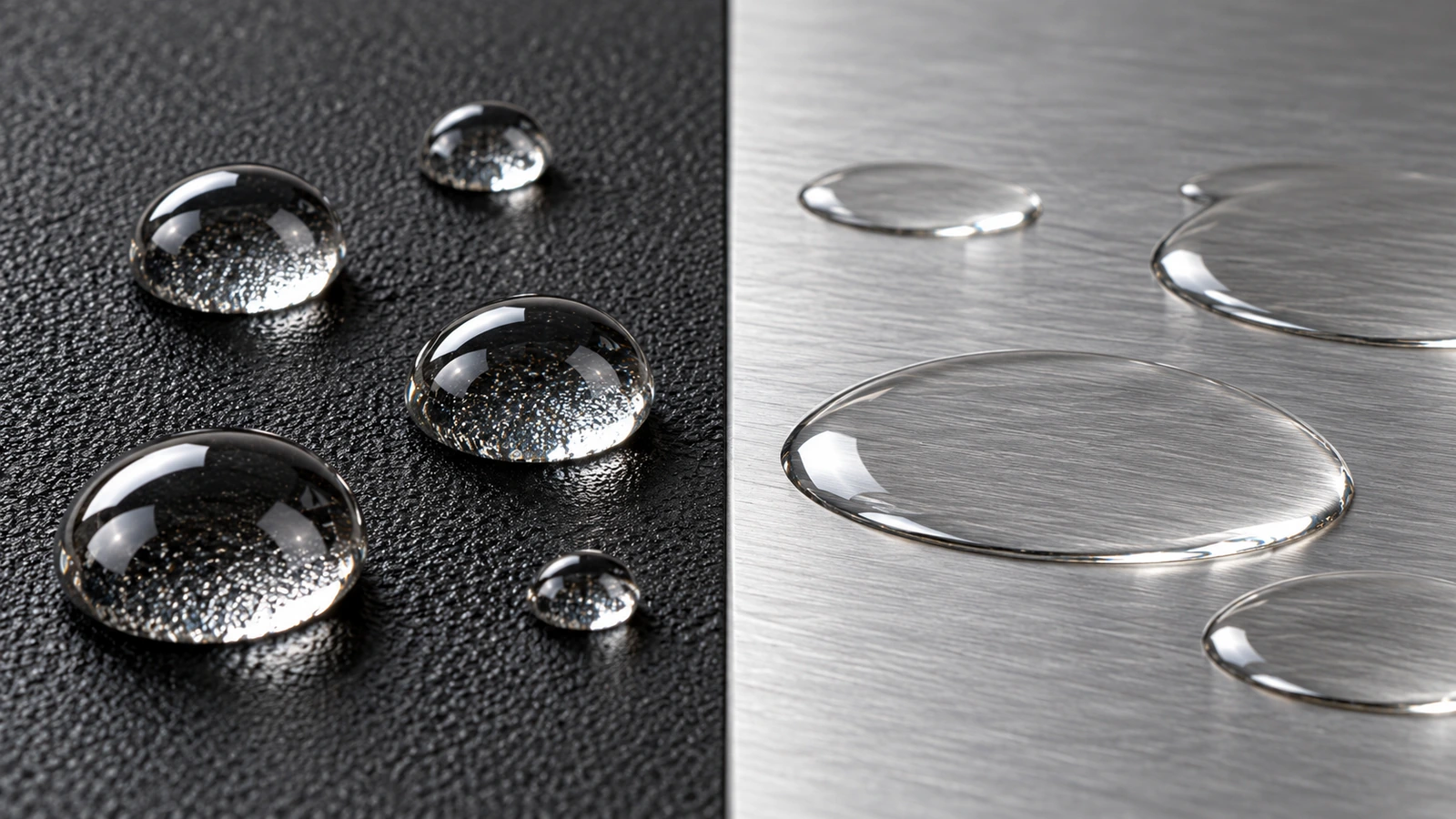 Gotas de agua que se agrupan firmemente sobre una superficie de plástico texturizado y se extienden planas sobre metal cepillado, lo que ilustra la energía superficial baja frente a la alta