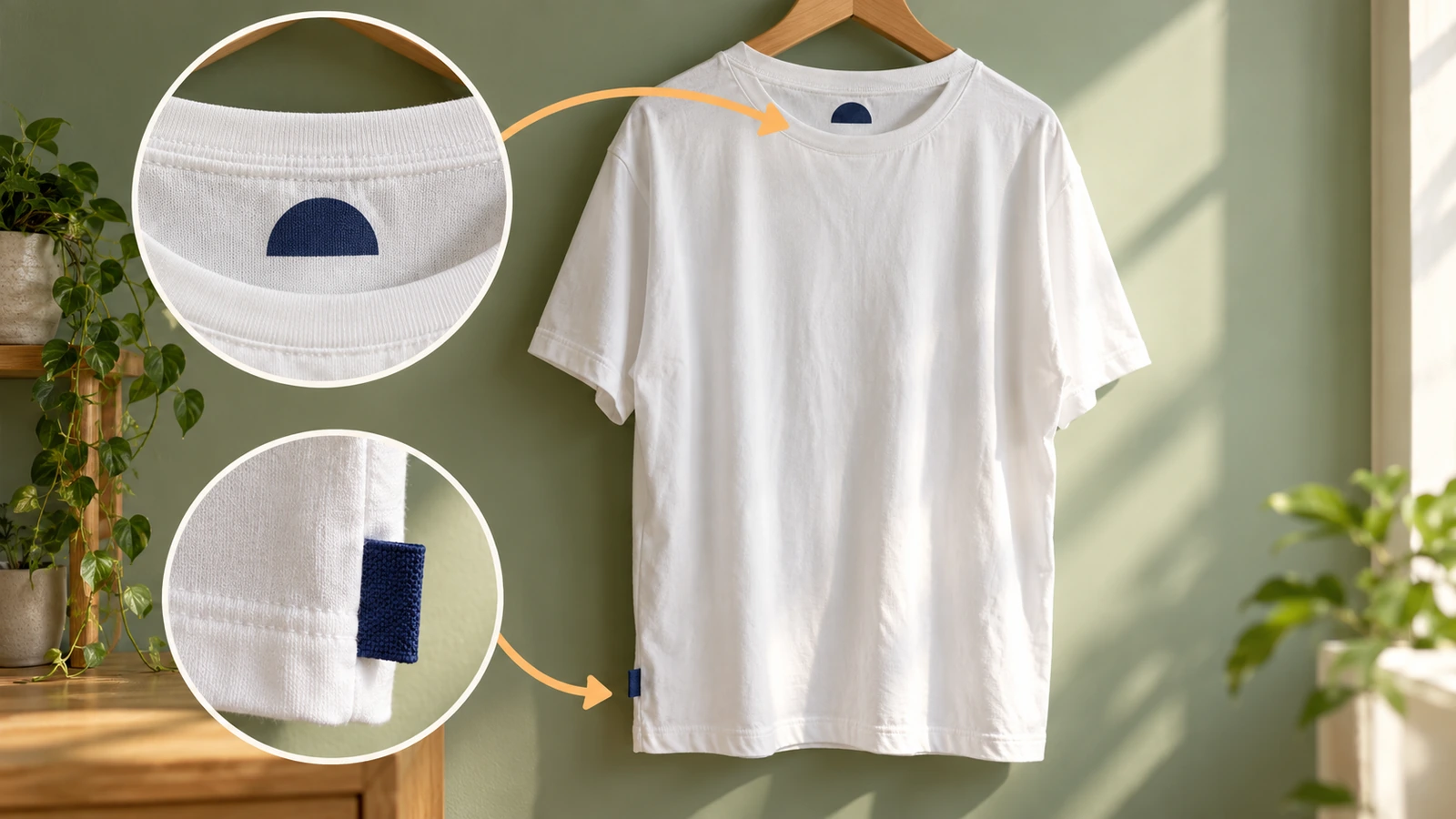 Camiseta con una marca estampada sin etiqueta en el interior del cuello trasero y una etiqueta bandera tejida en el dobladillo lateral, con flechas que unen las dos posiciones