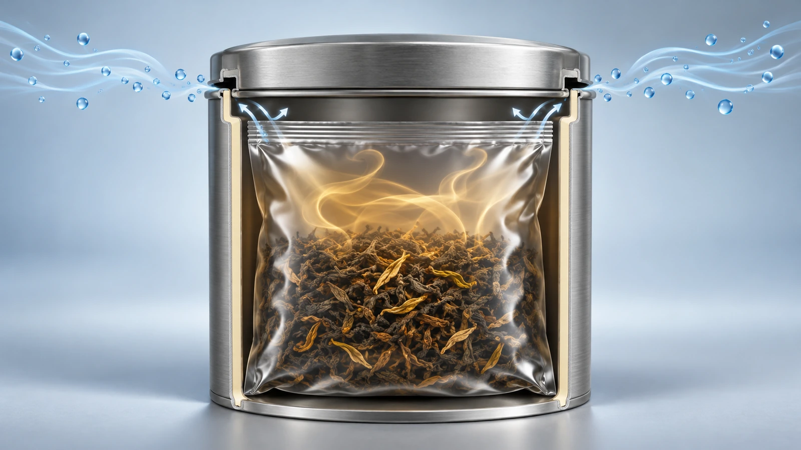 Vista en corte de una lata que contiene una bolsita interior sellada, con gotas de humedad que se acumulan en la holgura de la tapa y quedan detenidas por la pared de la bolsita