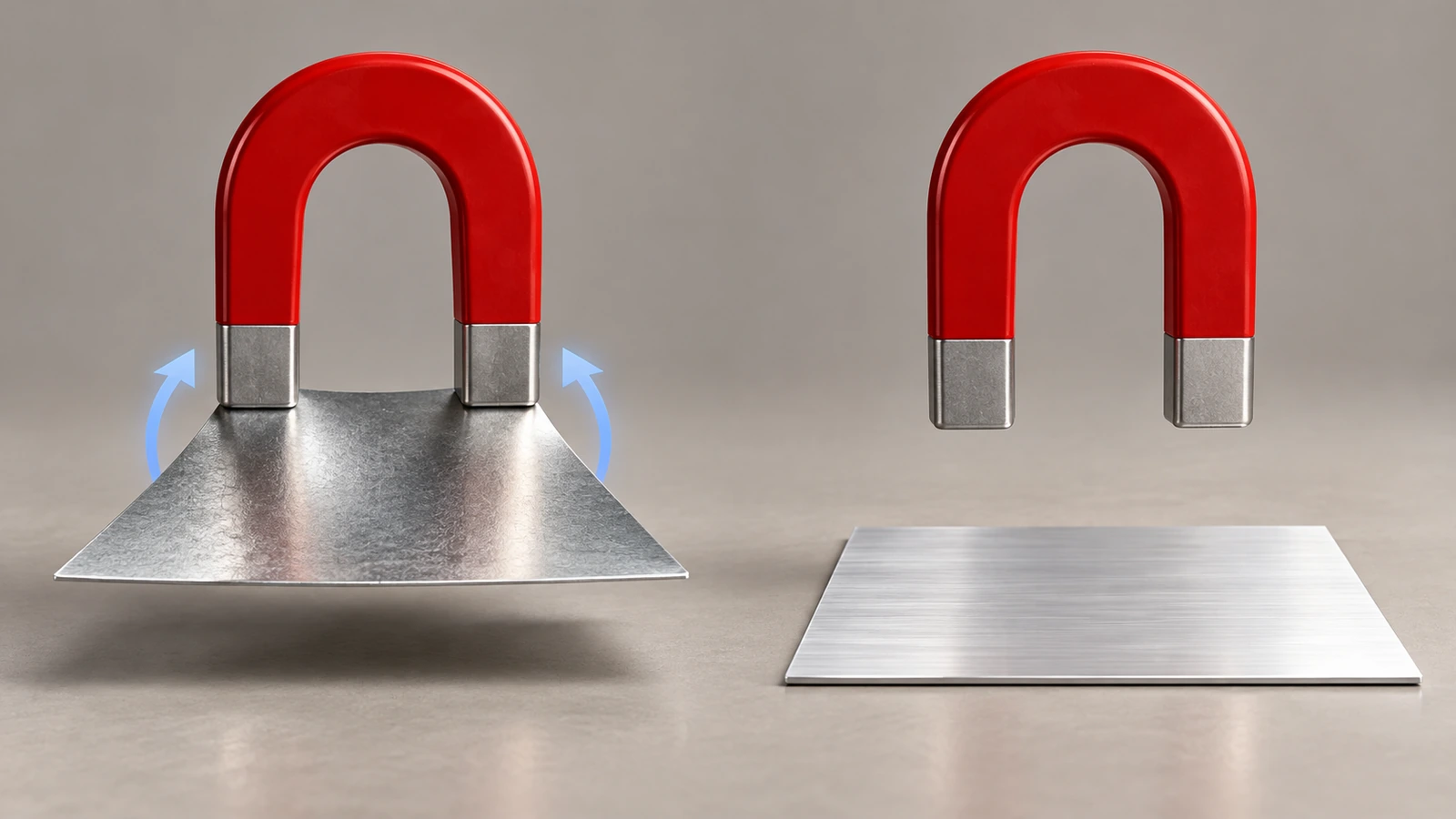 Una lámina de acero estañado plateada sostenida por un imán de herradura junto a una lámina de aluminio que el imán no atrae, sobre un fondo neutro de estudio