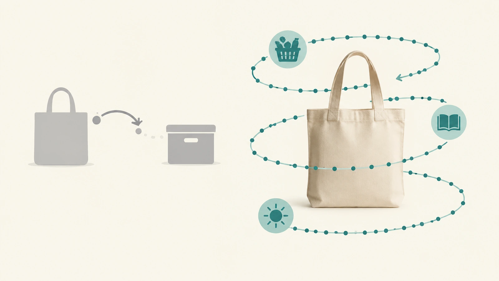 Diagrama que contrasta una bolsa ligera con un ciclo corto de reutilización y una bolsa de lona pesada con una larga cadena de ciclos de reutilización