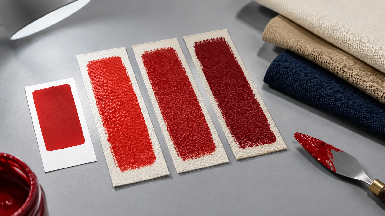 Muestras de tinta aplicada sobre tiras de lona colocadas junto al tejido de color de una bolsa tote bajo una lámpara de luz de día neutra para igualar el color
