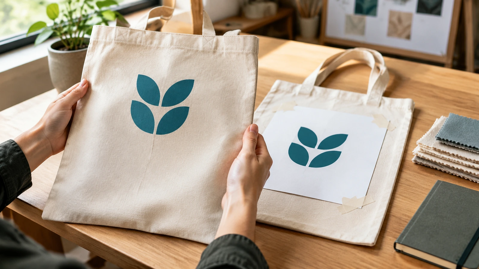 Manos sosteniendo una bolsa tote de muestra impresa junto a una maqueta del arte final en papel sobre una mesa de trabajo, comparando la posición de la impresión y el color a la luz del día