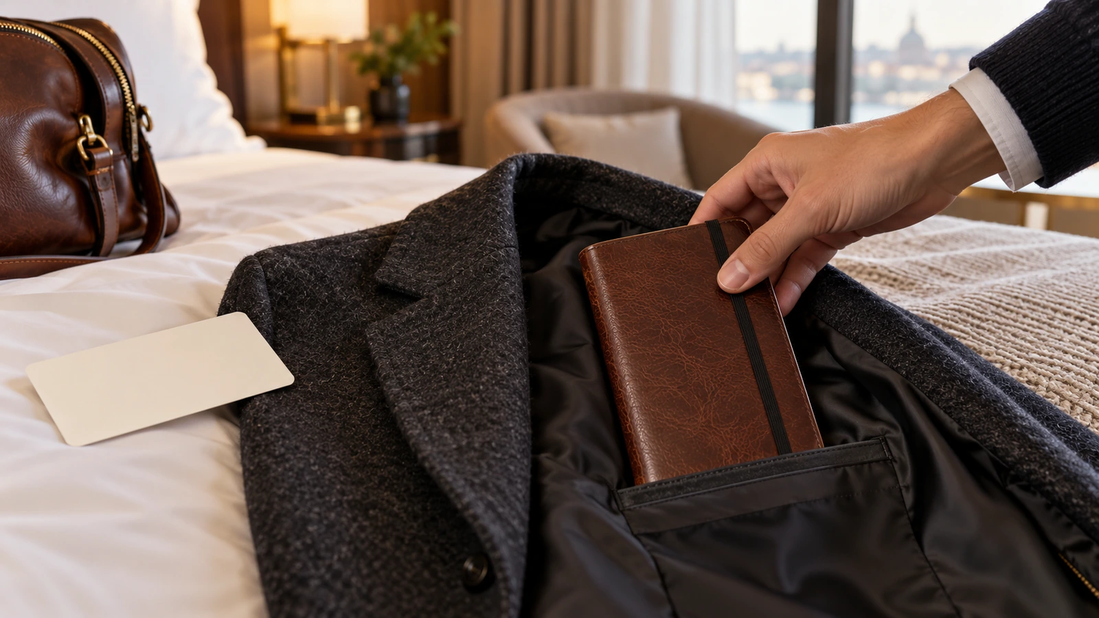 Diario de viaje de cuero deslizándose en el bolsillo interior de una chaqueta junto a una tarjeta en blanco del tamaño de una tarjeta de embarque, como ejemplo de formato fácil de llevar