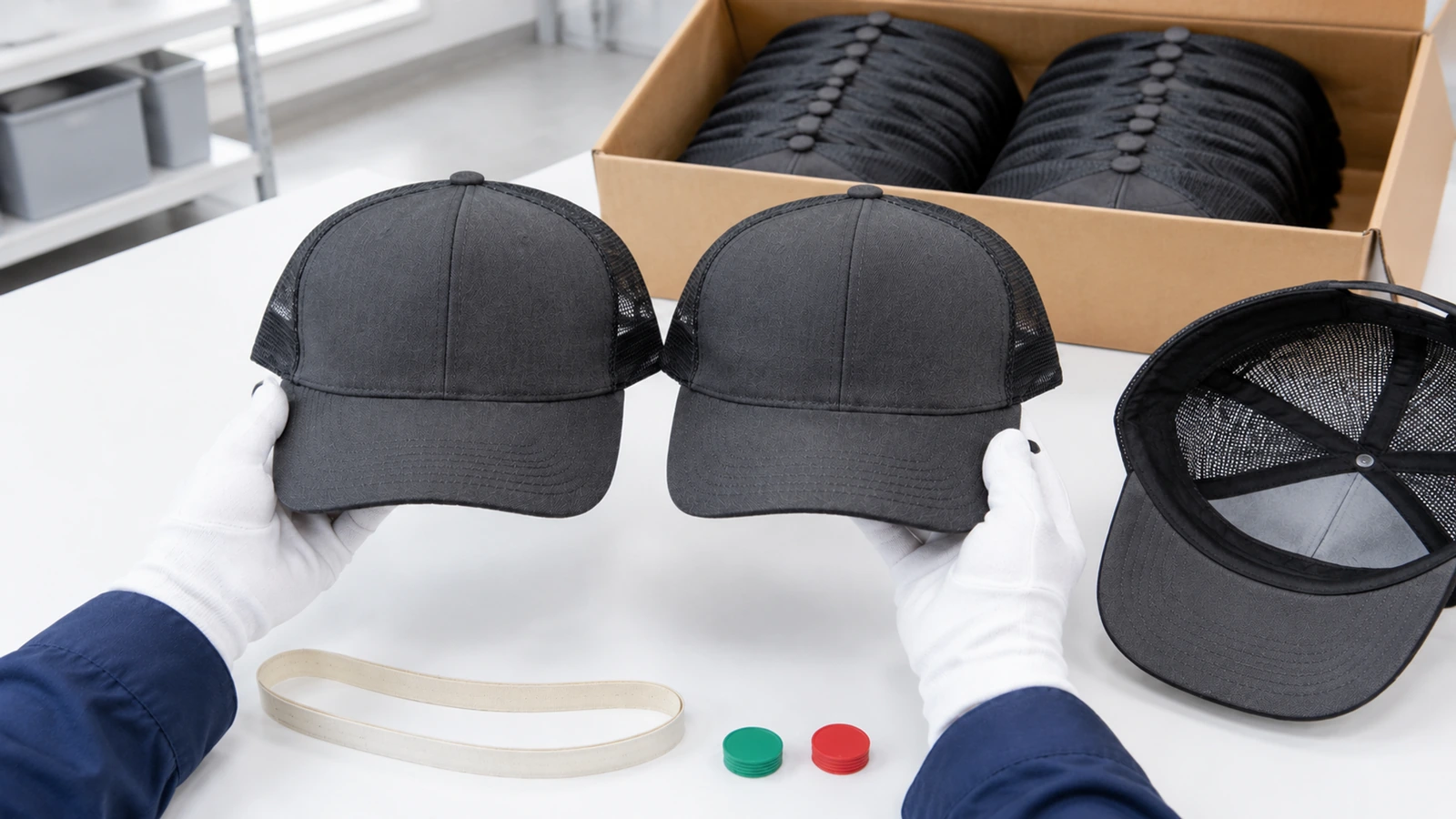 Inspector que compara una gorra trucker de un lote de producción con una muestra patrón sellada sobre una mesa de inspección con luz natural