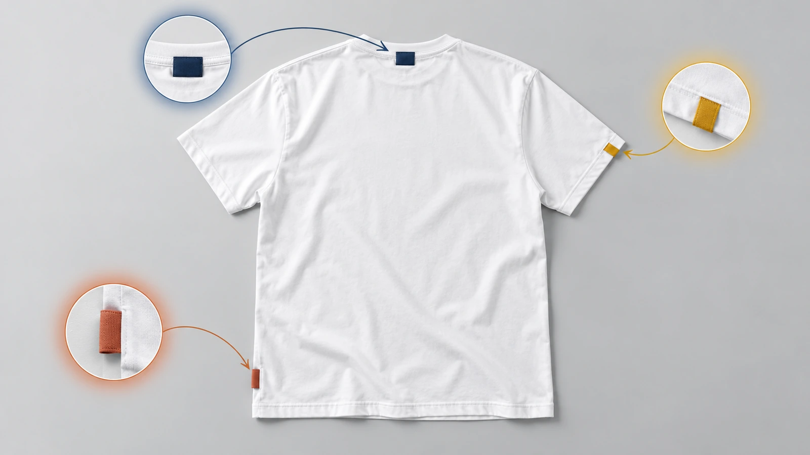 Vista trasera de una camiseta extendida con marcadores de colores en el centro del cuello trasero, el dobladillo lateral izquierdo y el dobladillo de la manga, que muestran las tres posiciones de la etiqueta tejida