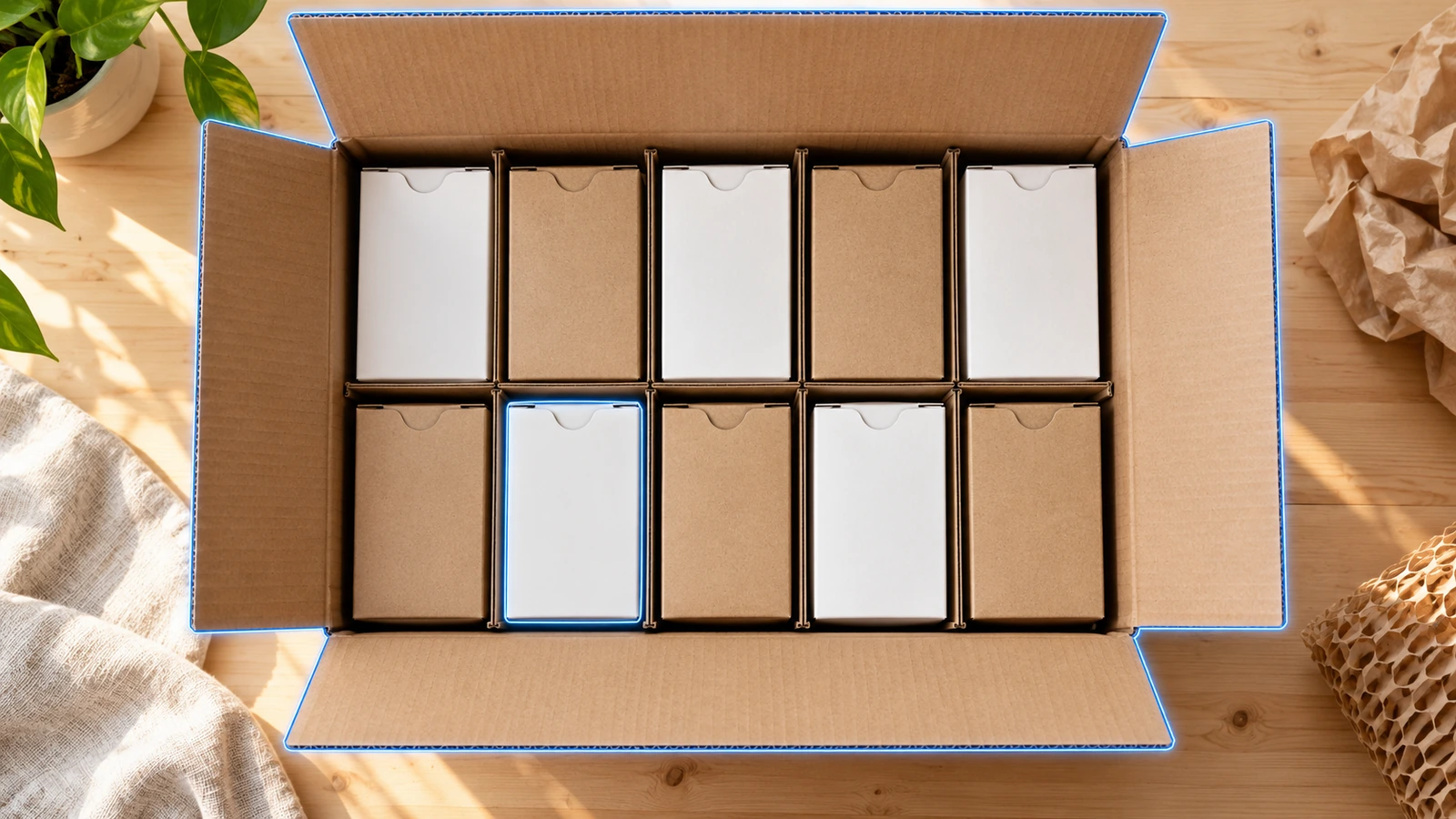 Cajas de venta con extremo de lengüeta colocadas en vertical dentro de una caja de envío exterior de cartón ondulado abierta, que muestra la caja de venta y la caja de tránsito funcionando como un solo sistema