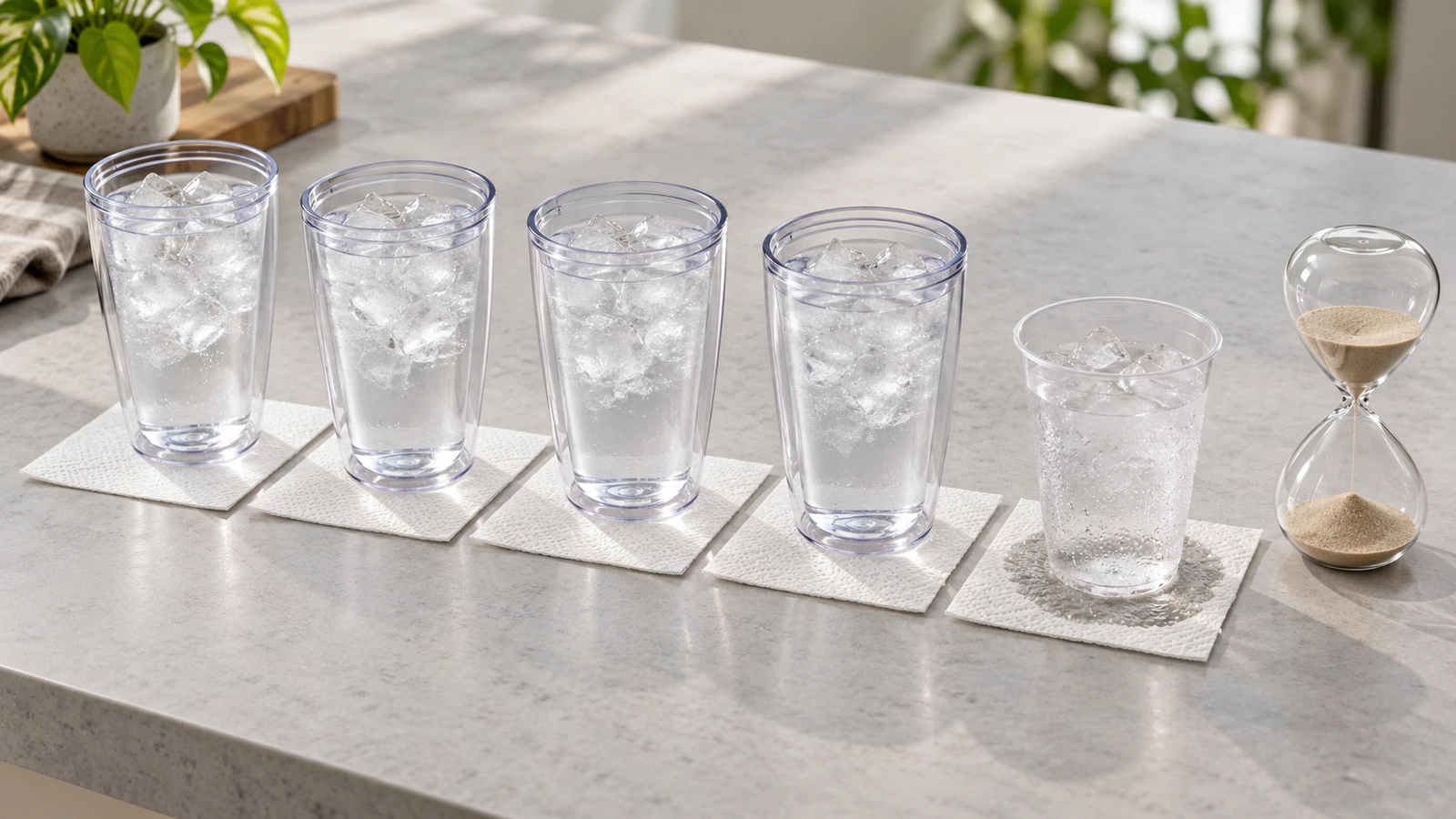 Montaje de prueba sobre mesa con una fila de vasos de plástico de doble pared sin decorar llenos de agua con hielo, un papel de cocina blanco bajo cada vaso y un reloj de arena, con luz suave de día