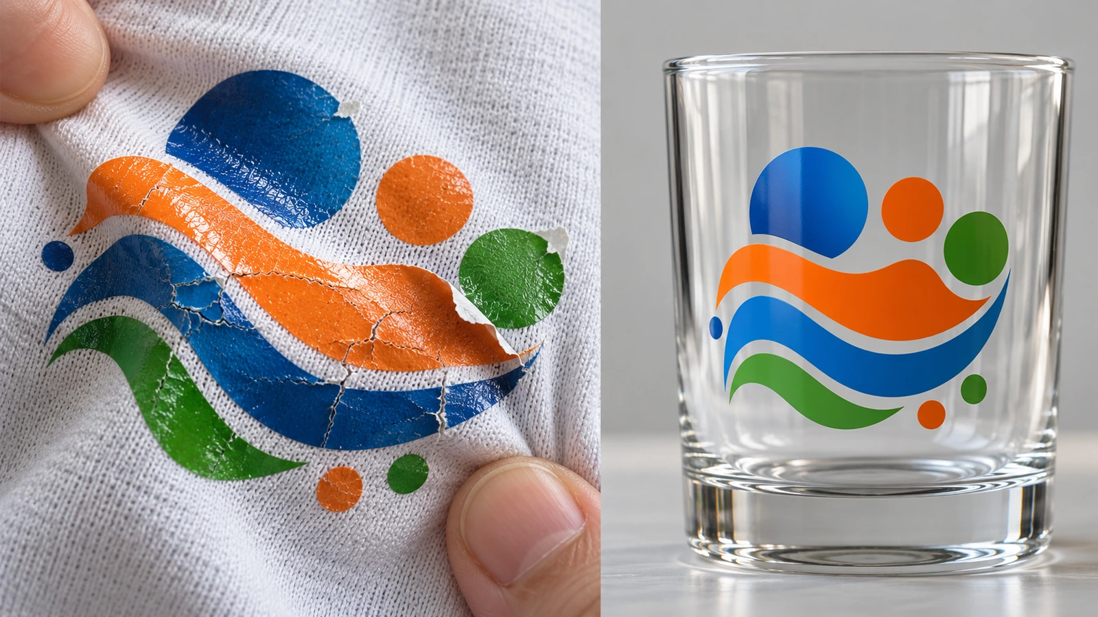 Calcomanía UV DTF rígida agrietada y despegada sobre tejido de camiseta de algodón estirado, junto a una calcomanía UV DTF intacta sobre un vaso térmico de vidrio liso