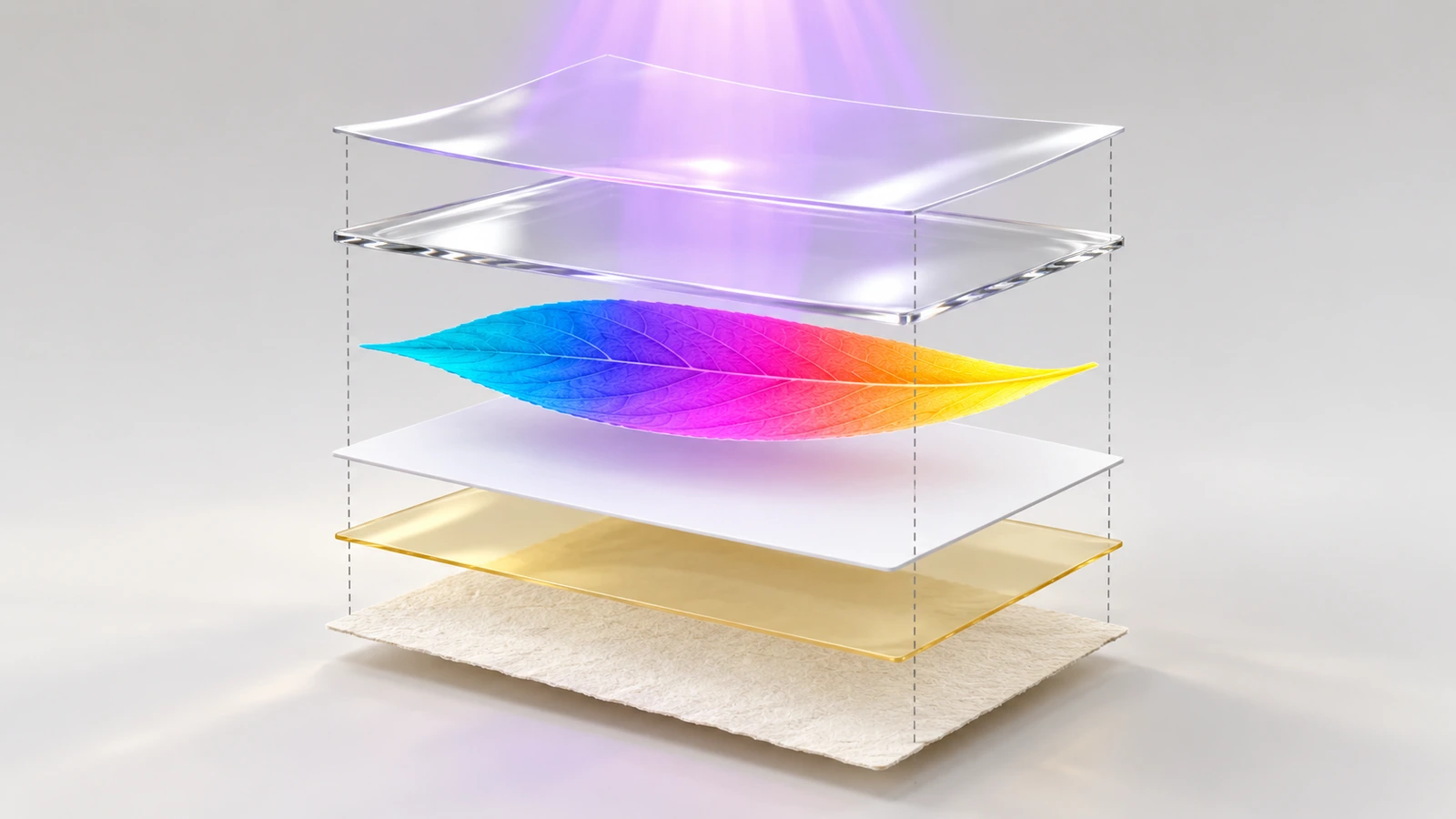 Sección transversal despiezada de una pegatina de transferencia UV que muestra, apilados en orden, el soporte antiadherente, el adhesivo, la base de tinta blanca, la tinta de color, el barniz transparente y la película de transferencia transparente