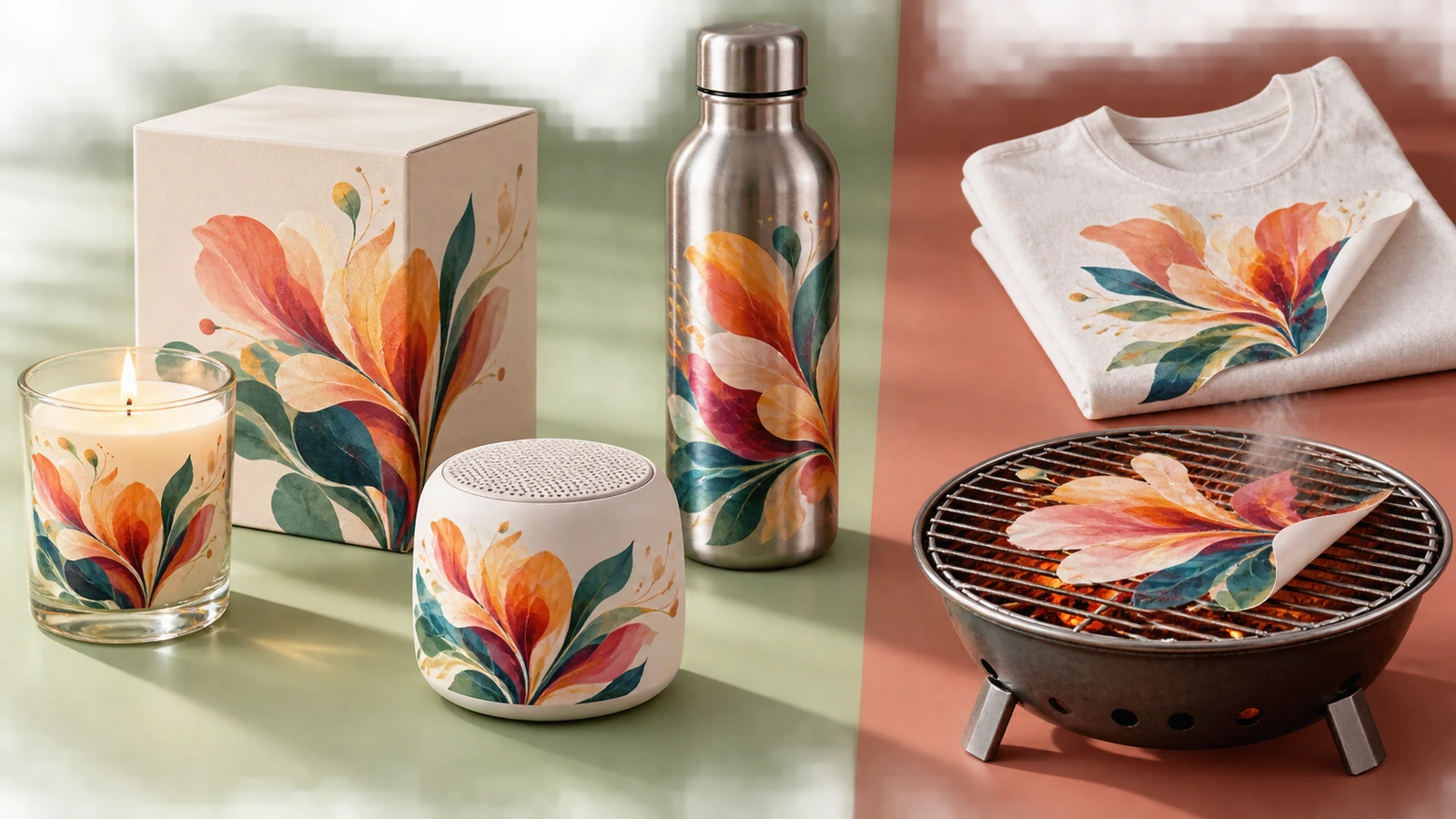 Tarro de vidrio, caja de regalo rígida, carcasa de plástico para electrónica y botella metálica agrupados como superficies adecuadas, separados de un tejido y una parrilla caliente mostrados como inadecuados