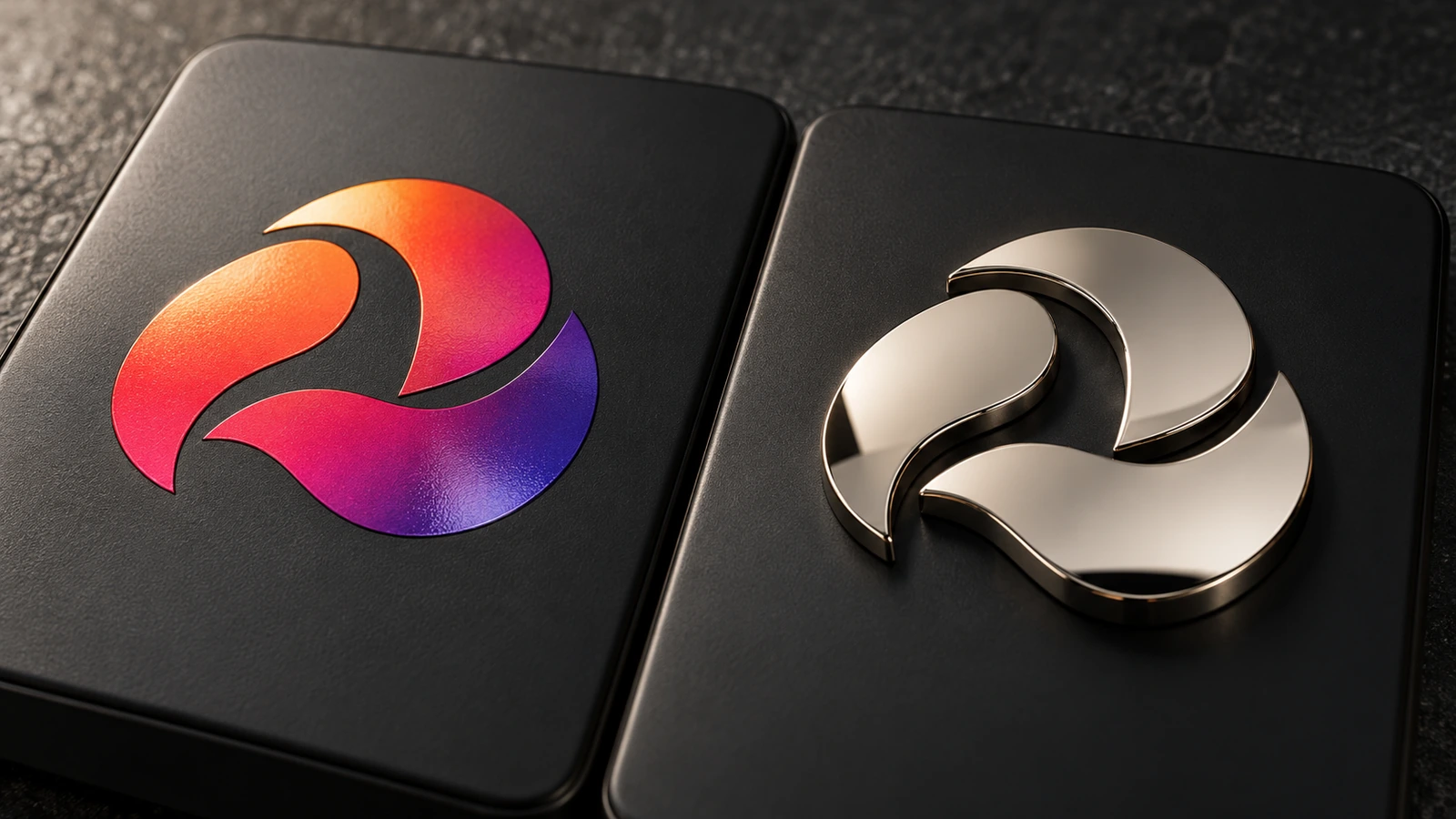 Macro comparativa de un logo de transferencia impreso, brillante y a todo color, y un logo de níquel espejo en relieve, sobre carcasas de dispositivo negras idénticas con la misma luz