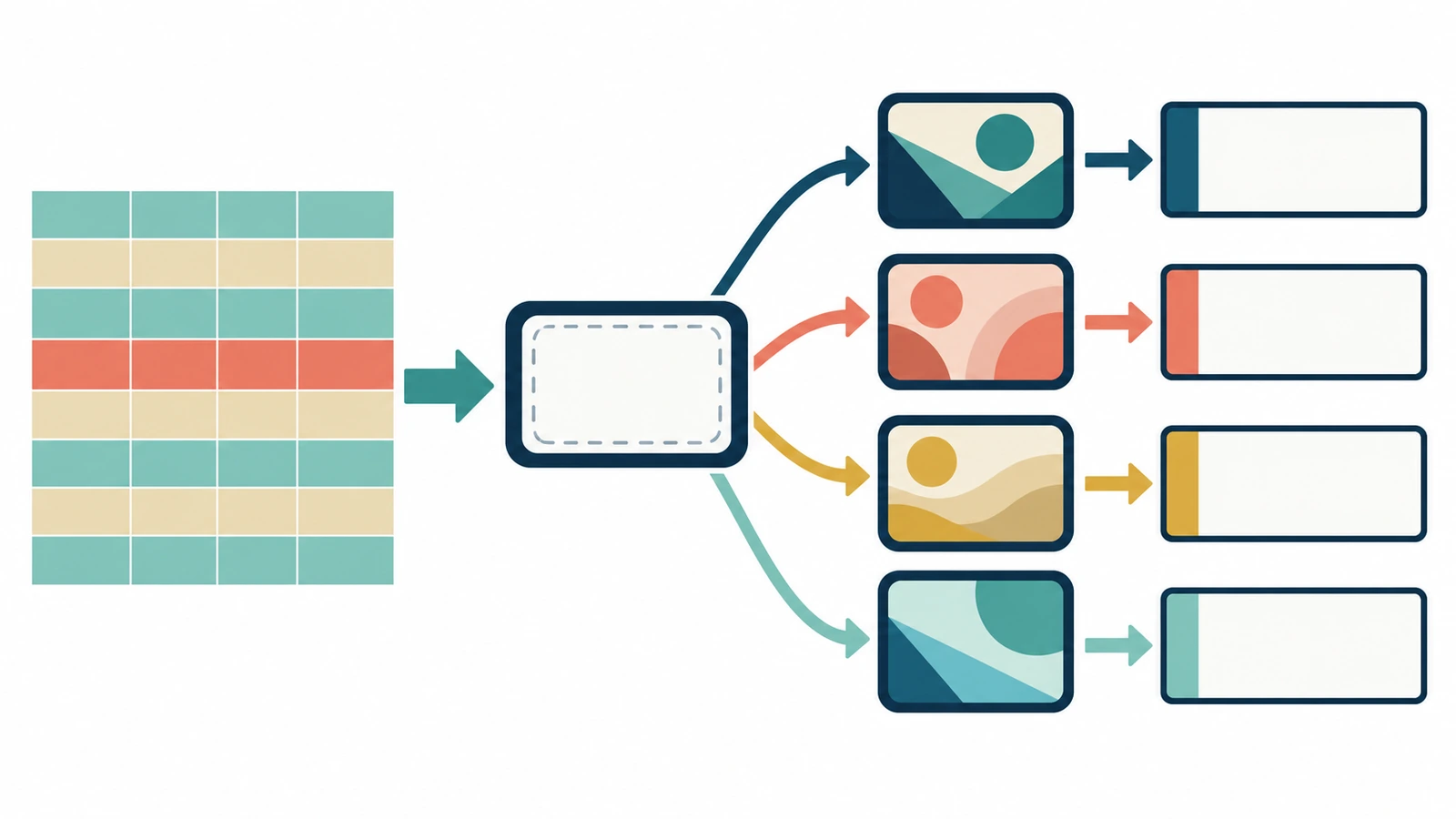 Diagrama de flujo que muestra una cuadrícula de datos que alimenta una plantilla de imán, se ramifica en versiones impresas distintas y llega a cajas de envío clasificadas