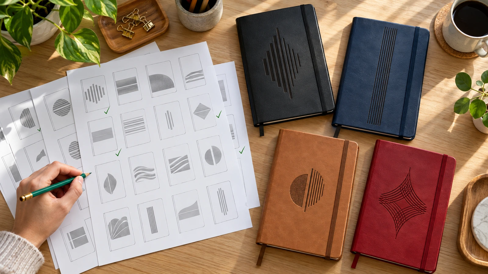 Hojas de prueba de una tirada de cuadernos de cuero personalizados junto a libretas de ensayo en distintos colores de tapa para compararlas