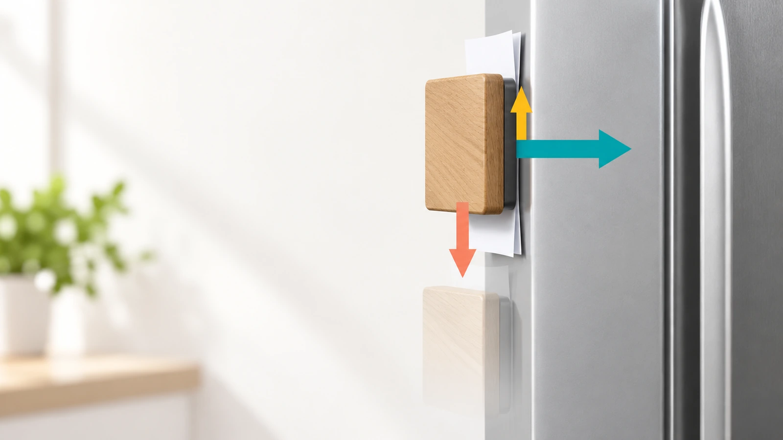 Diagrama de un imán de madera sobre una puerta de acero vertical con flechas que indican la fuerza magnética de sujeción, el peso hacia abajo y la fricción hacia arriba