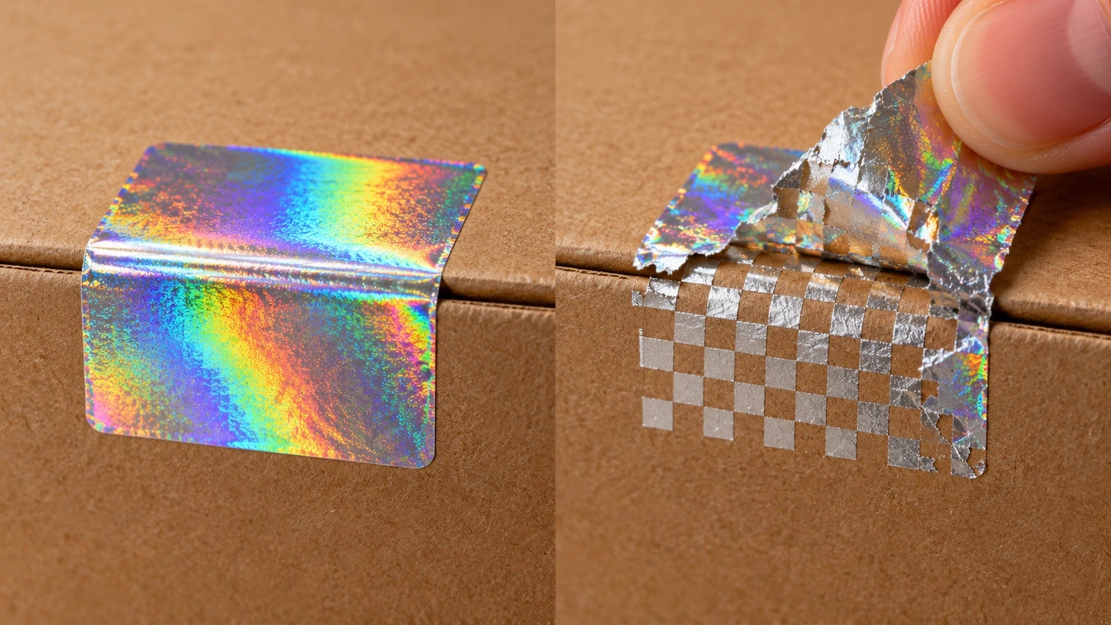 Vista antes y después de un sello holográfico plateado sobre una caja de cartón: etiqueta intacta a la izquierda y etiqueta despegada, que deja un patrón de residuo en tablero de ajedrez, a la derecha