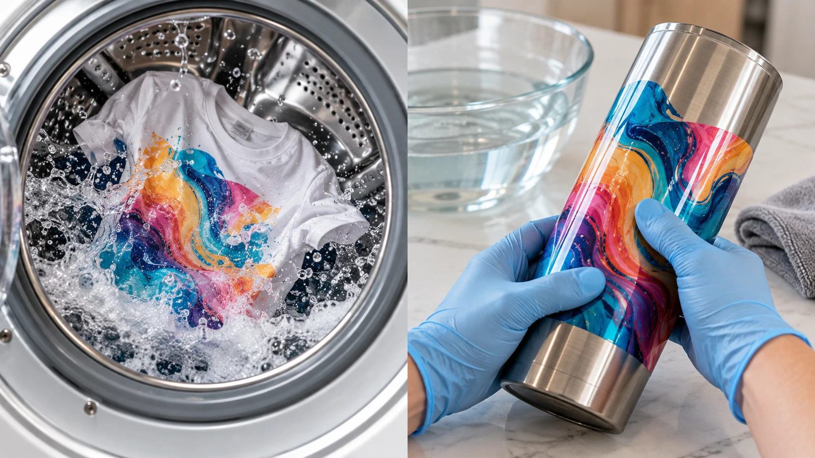 Prueba de muestras en paralelo: una camiseta de muestra estampada dentro del tambor de una lavadora y una mano enguantada presionando el borde de una calcomanía sobre un vaso térmico de acero
