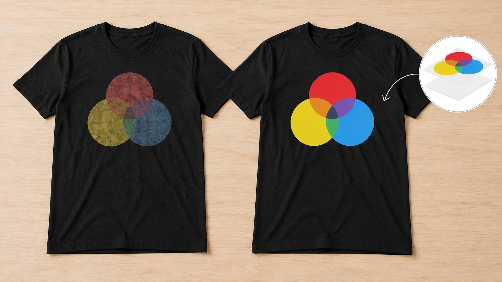 Dos camisetas negras idénticas, una al lado de la otra: una con una impresión apagada sin base blanca y otra con una impresión vívida sobre una base blanca