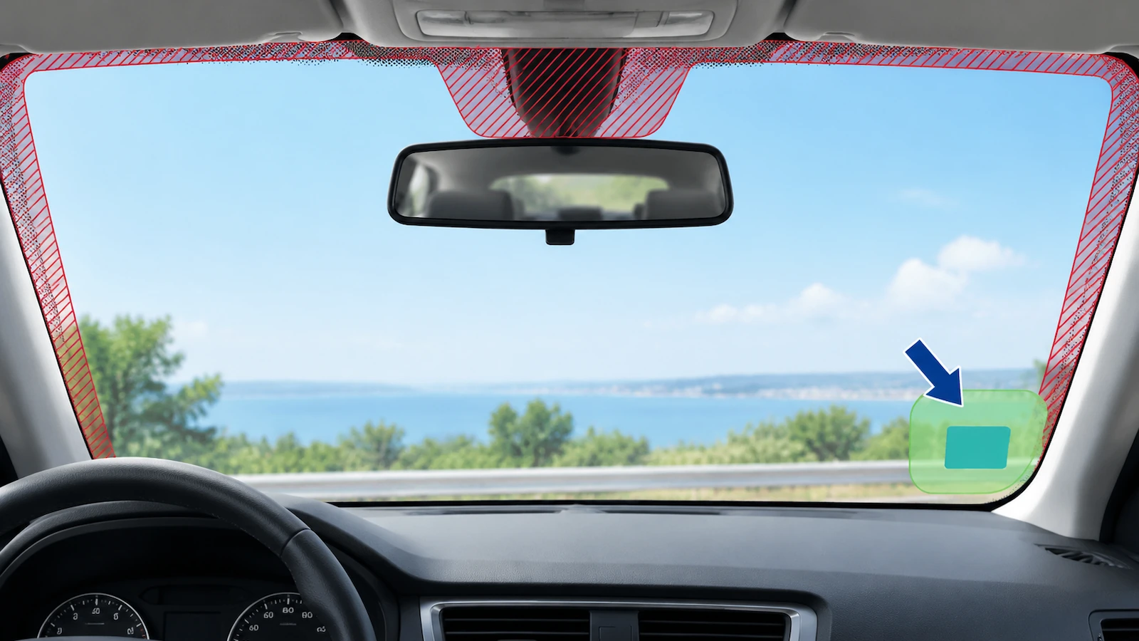 Diagrama de un parabrisas visto desde el interior del coche, con una zona objetivo verde en una esquina inferior, zonas rayadas en rojo sobre la zona de sensores y la banda punteada del borde, y una flecha que señala la posición aprobada