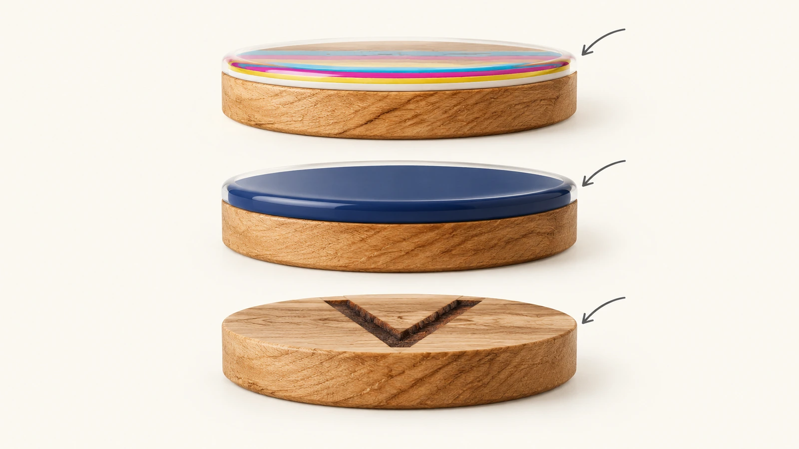 Comparación en sección transversal de tres posavasos de madera: tinta depositada sobre la superficie en la impresión UV, capa de pintura opaca en el pintado y hendidura carbonizada en el grabado láser