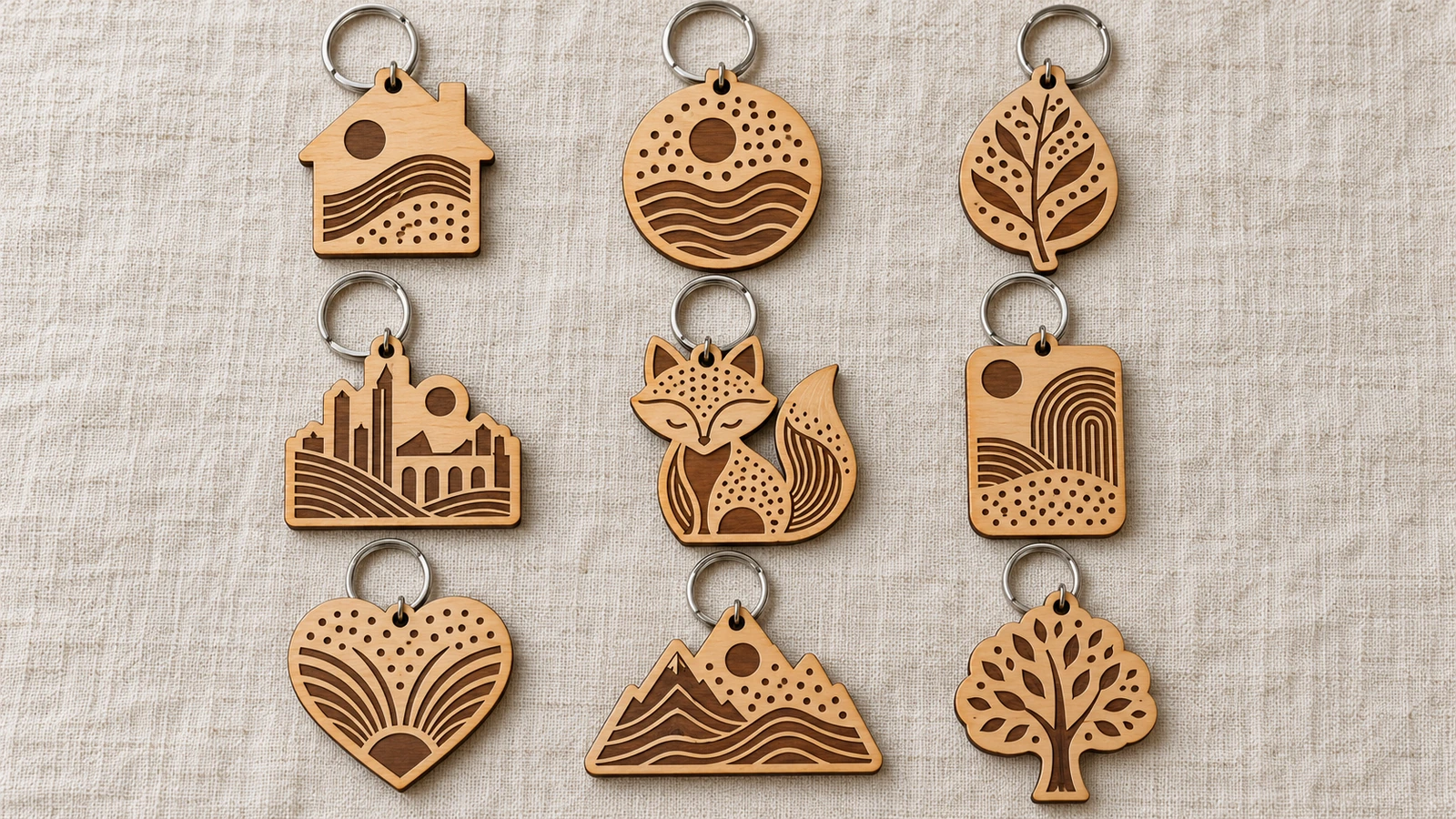 Galería en plano cenital de llaveros de madera personalizados con formas de casa, insignia, hoja y monumento y motivos de líneas grabadas sobre lino claro