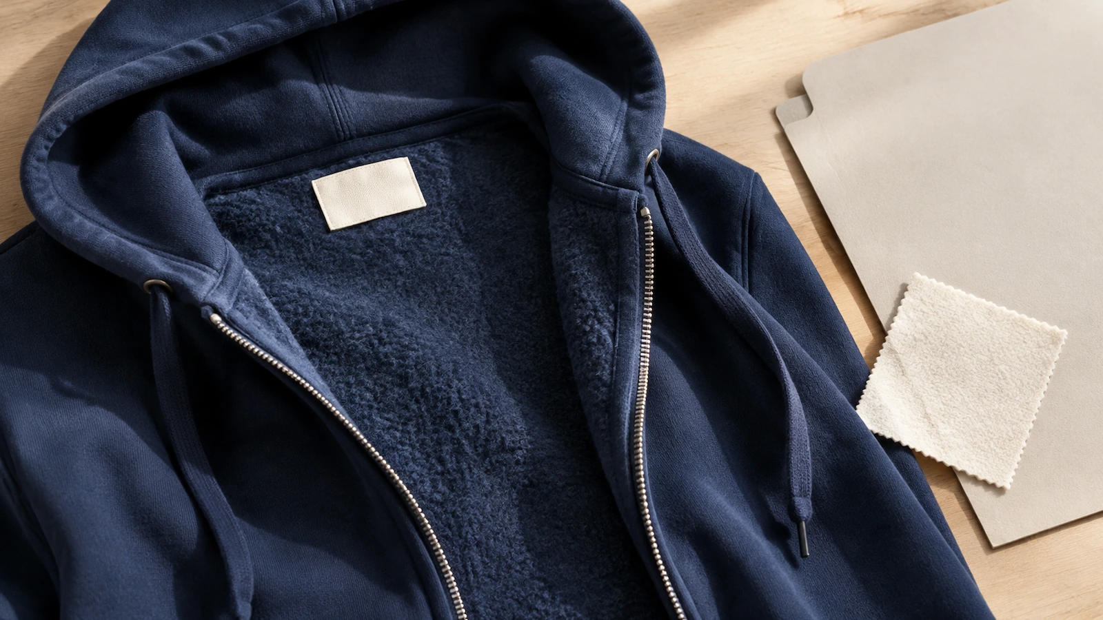 Primer plano del interior del cuello de una sudadera de felpa con cremallera completa, con una etiqueta de tela cosida y el interior cepillado expuesto a lo largo de la cremallera abierta, que ilustra las comprobaciones de inflamabilidad y etiquetado