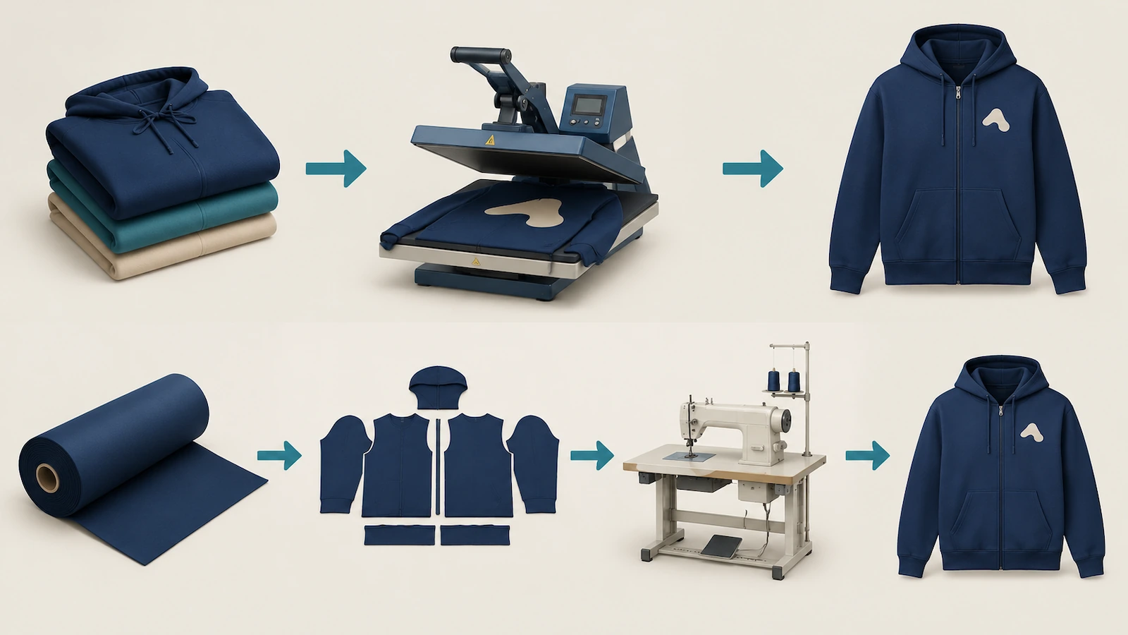 Dos vías de producción para sudaderas personalizadas: sudaderas base de stock dobladas que pasan directamente a una estación de decoración, frente a un rollo de tela que se corta en paneles planos y se confecciona como sudadera con cremallera completa
