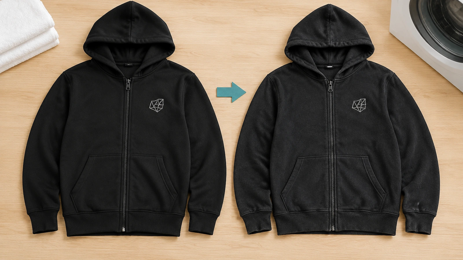 Muestra de sudadera de preproducción antes y después de una prueba de lavado, con la decoración del pecho izquierdo plana e intacta y la tapeta de la cremallera revisada para detectar ondulaciones