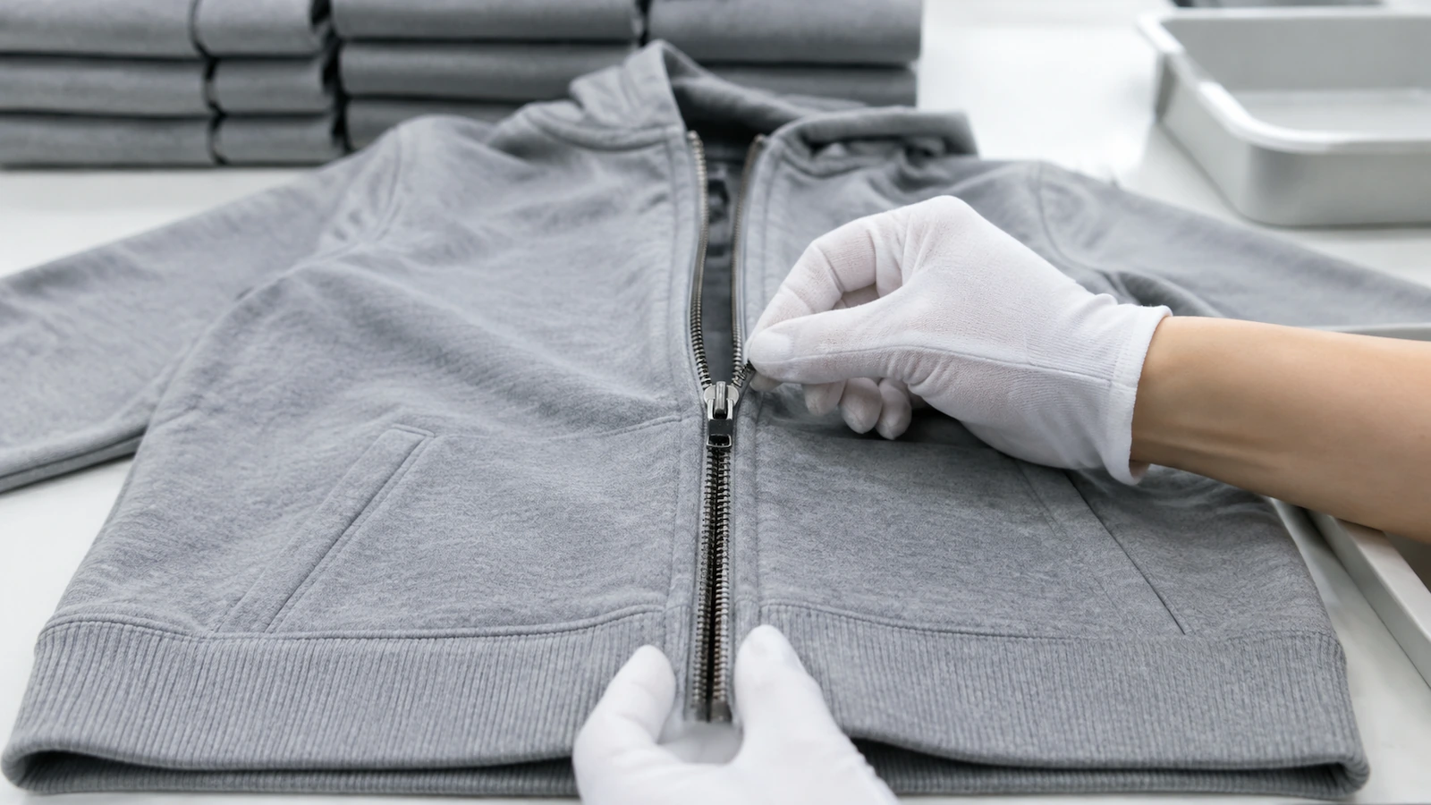 Manos de un inspector de control de calidad recorriendo por completo la cremallera de una sudadera sobre una mesa de inspección, comprobando que la tapeta queda plana y que los bajos coinciden