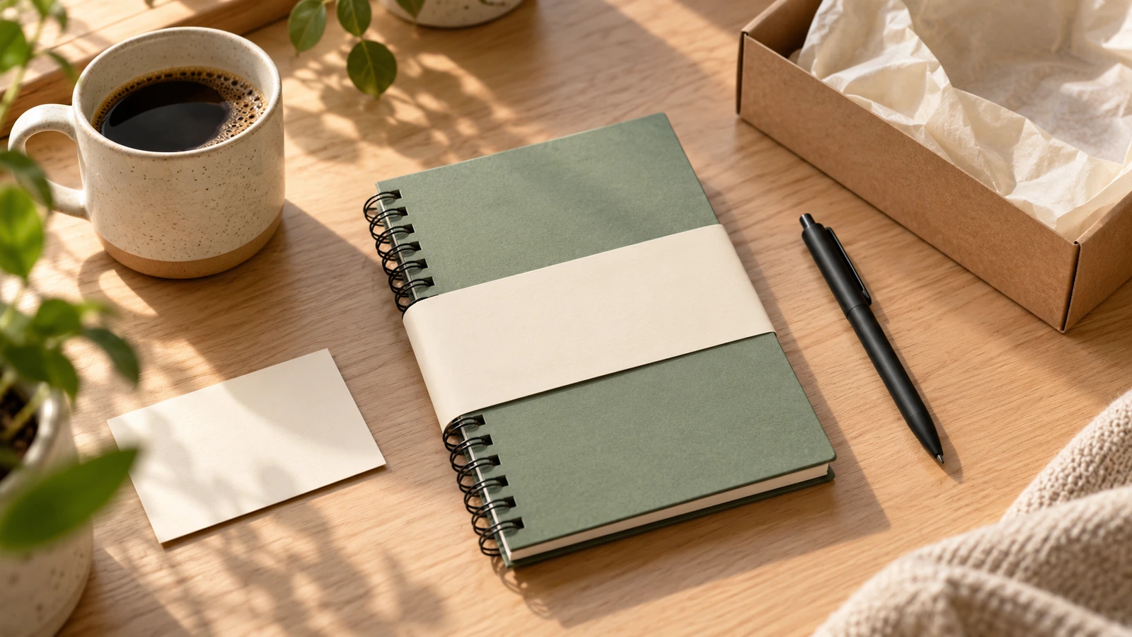 Kit de bienvenida para la incorporación sobre un escritorio, con un cuaderno con encuadernación de alambre envuelto en una funda lisa de color, un bolígrafo y una pequeña tarjeta en blanco, con luz natural suave