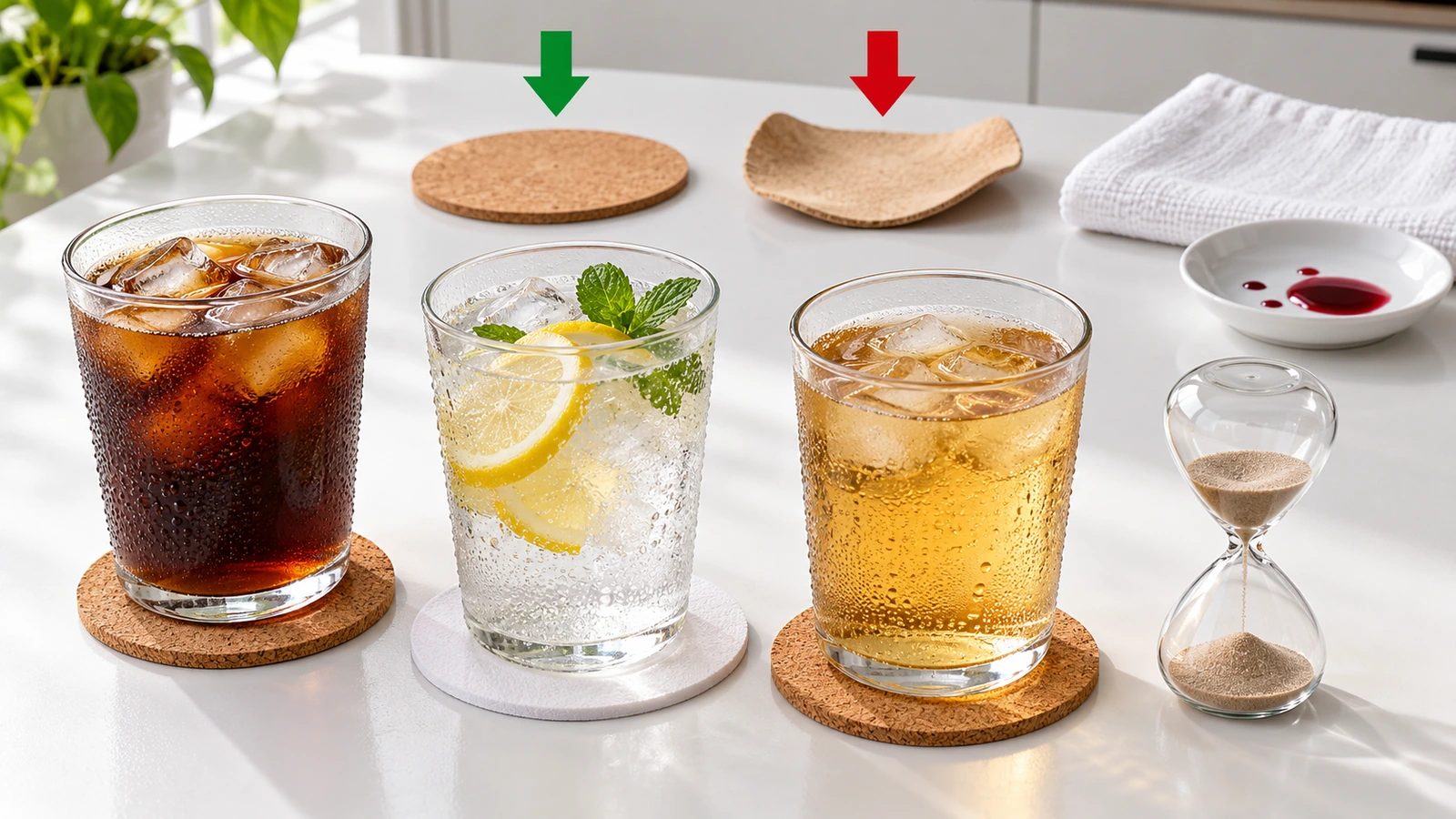 Montaje de prueba con muestras con vasos con hielo sobre posavasos de corcho y de cartón de pulpa, un reloj de arena y un posavasos plano comparado con uno curvado