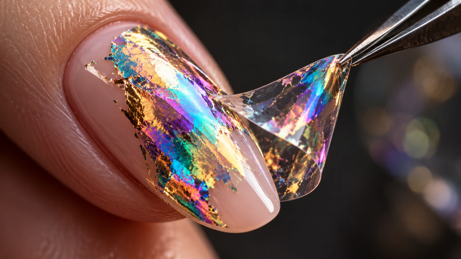 Vista macro de una transferencia de lámina metálica holográfica sobre una uña de gel que muestra profundidad con cambio de color sobre una superficie plana