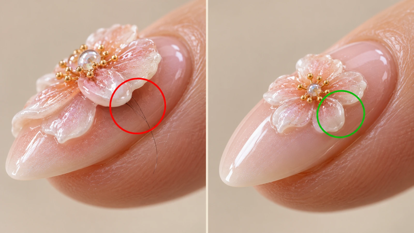 Primer plano comparativo de una calcomanía de uñas en relieve que se levanta en el borde curvo de la uña frente a una calcomanía más pequeña que queda plana y sellada